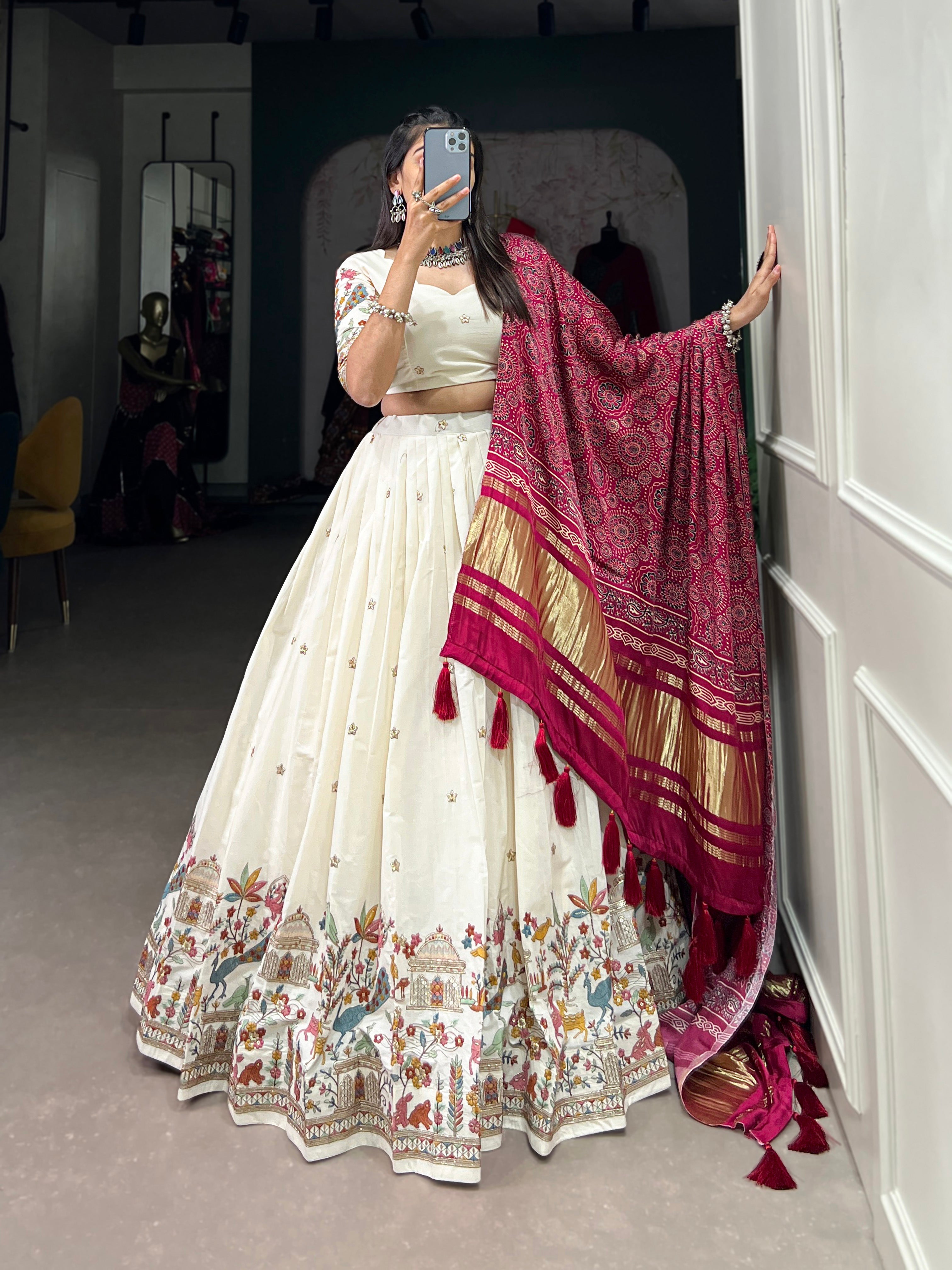 Cream & Rani Design Khadi Cotton With Sequins Embroidered Lehenga Choli