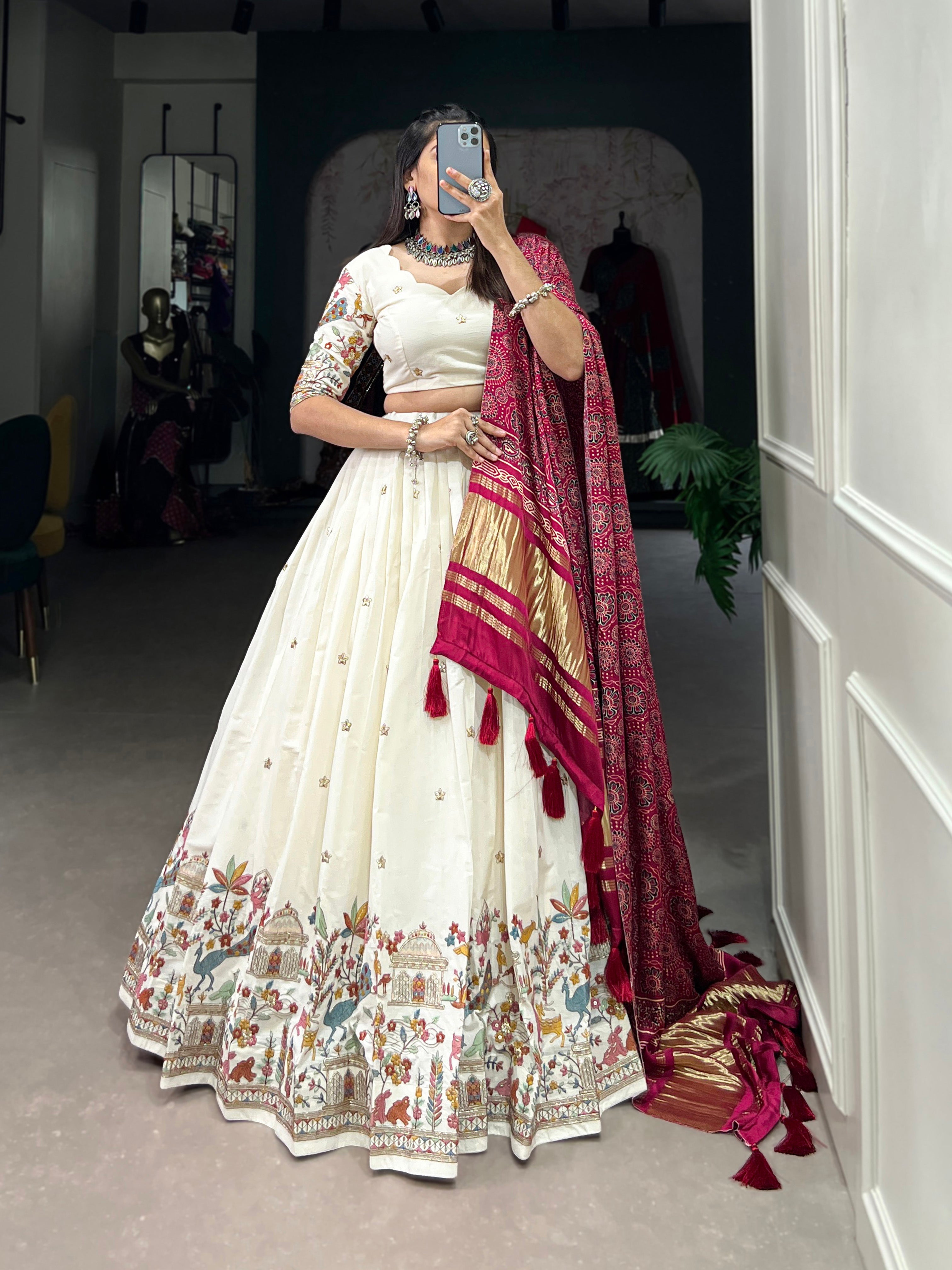 Cream & Rani Design Khadi Cotton With Sequins Embroidered Lehenga Choli