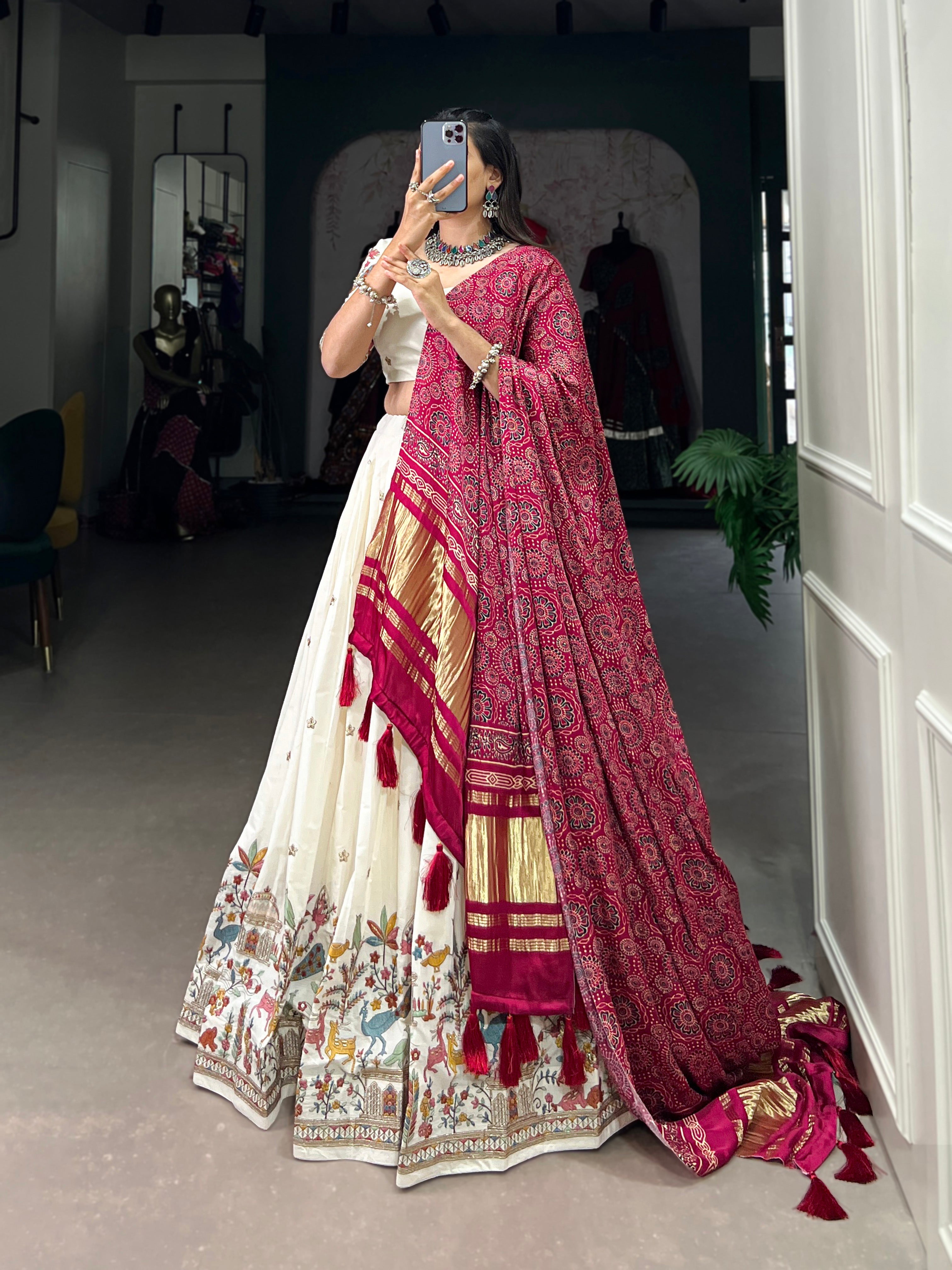 Cream & Rani Design Khadi Cotton With Sequins Embroidered Lehenga Choli
