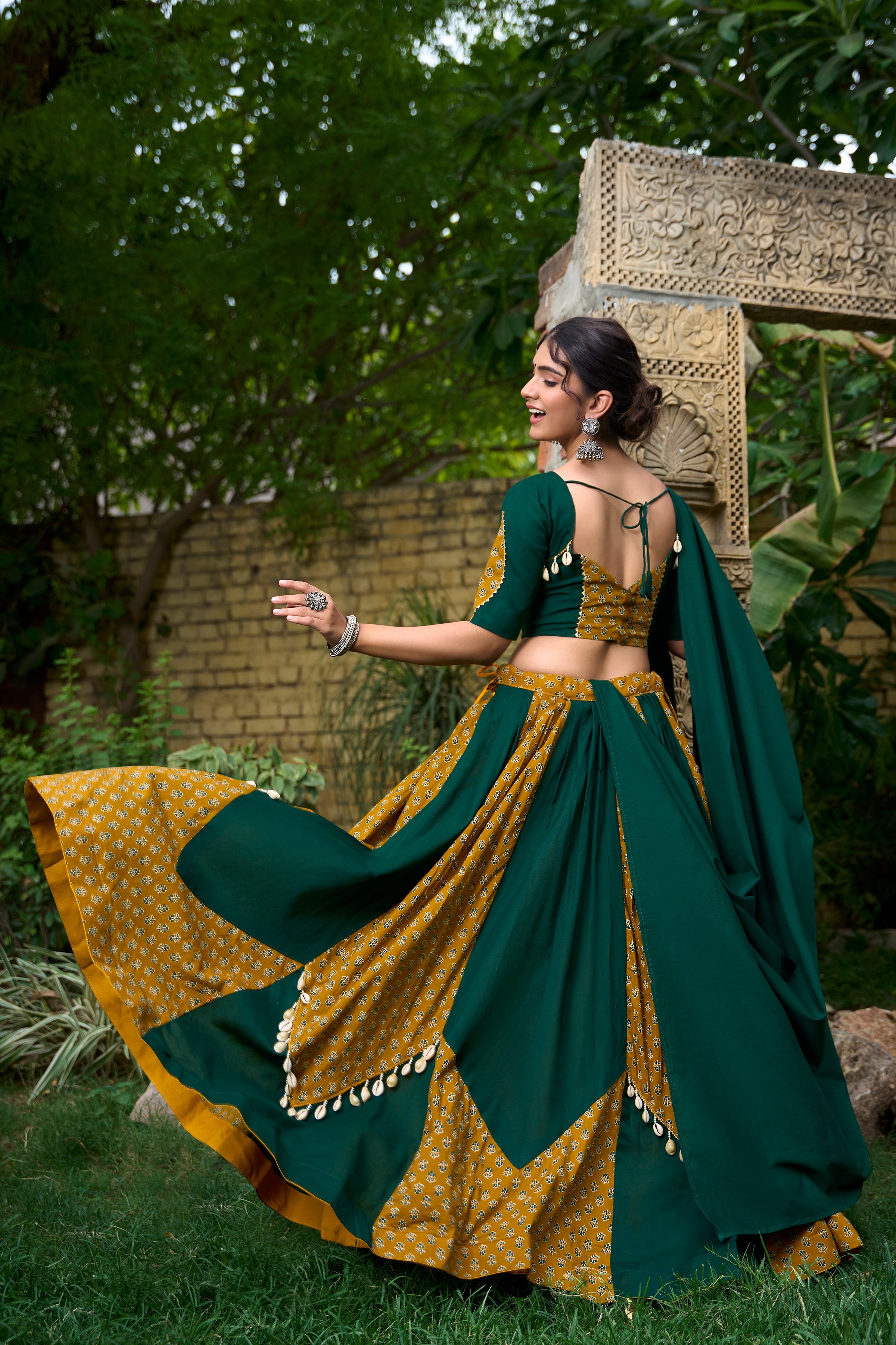 NAVRATRI SPECIAL COTTON FABRICS LEHENGA CHOLI |  Pure Cotton Mustard Green Cotton Lehenga Choli