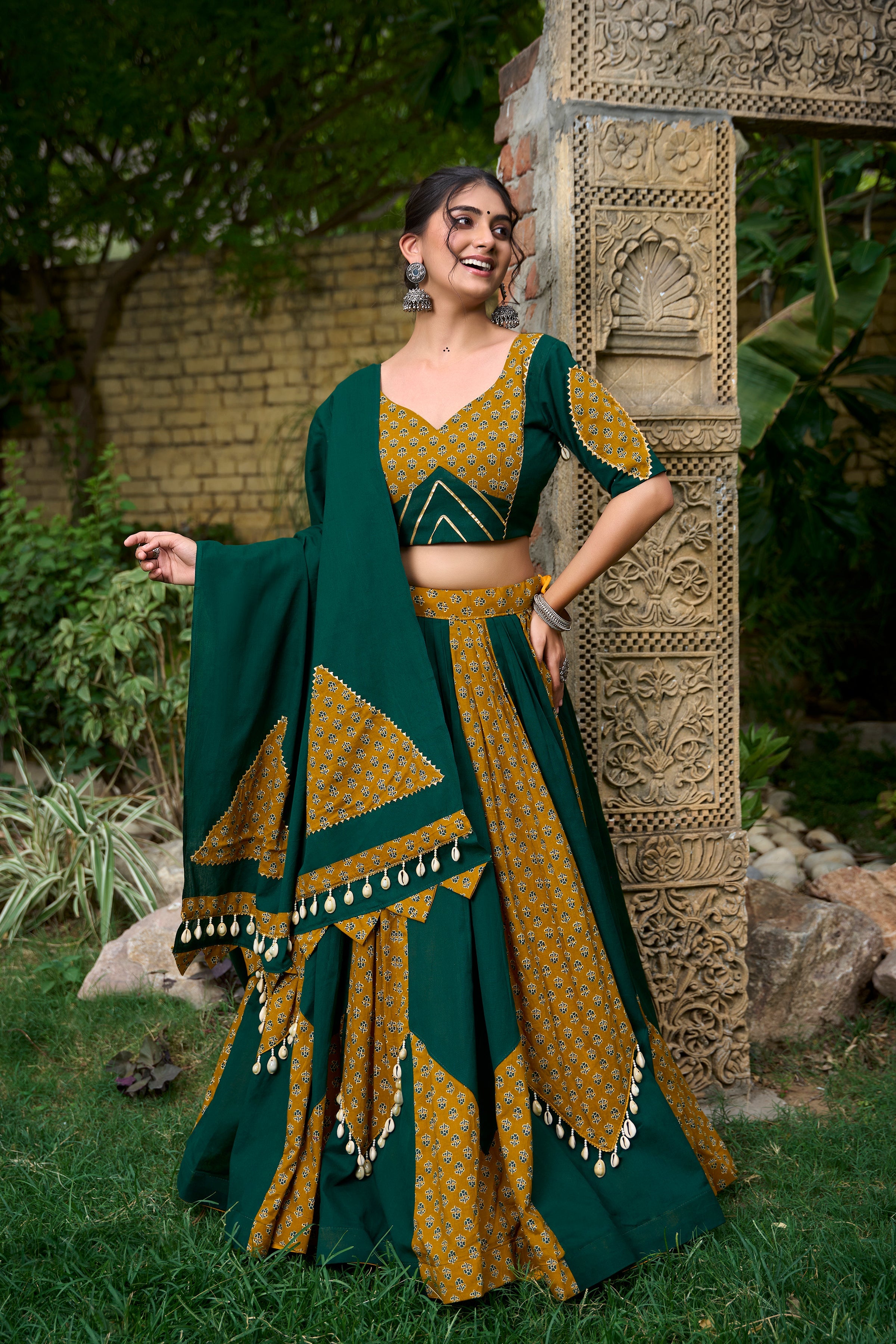 NAVRATRI SPECIAL COTTON FABRICS LEHENGA CHOLI |  Pure Cotton Mustard Green Cotton Lehenga Choli