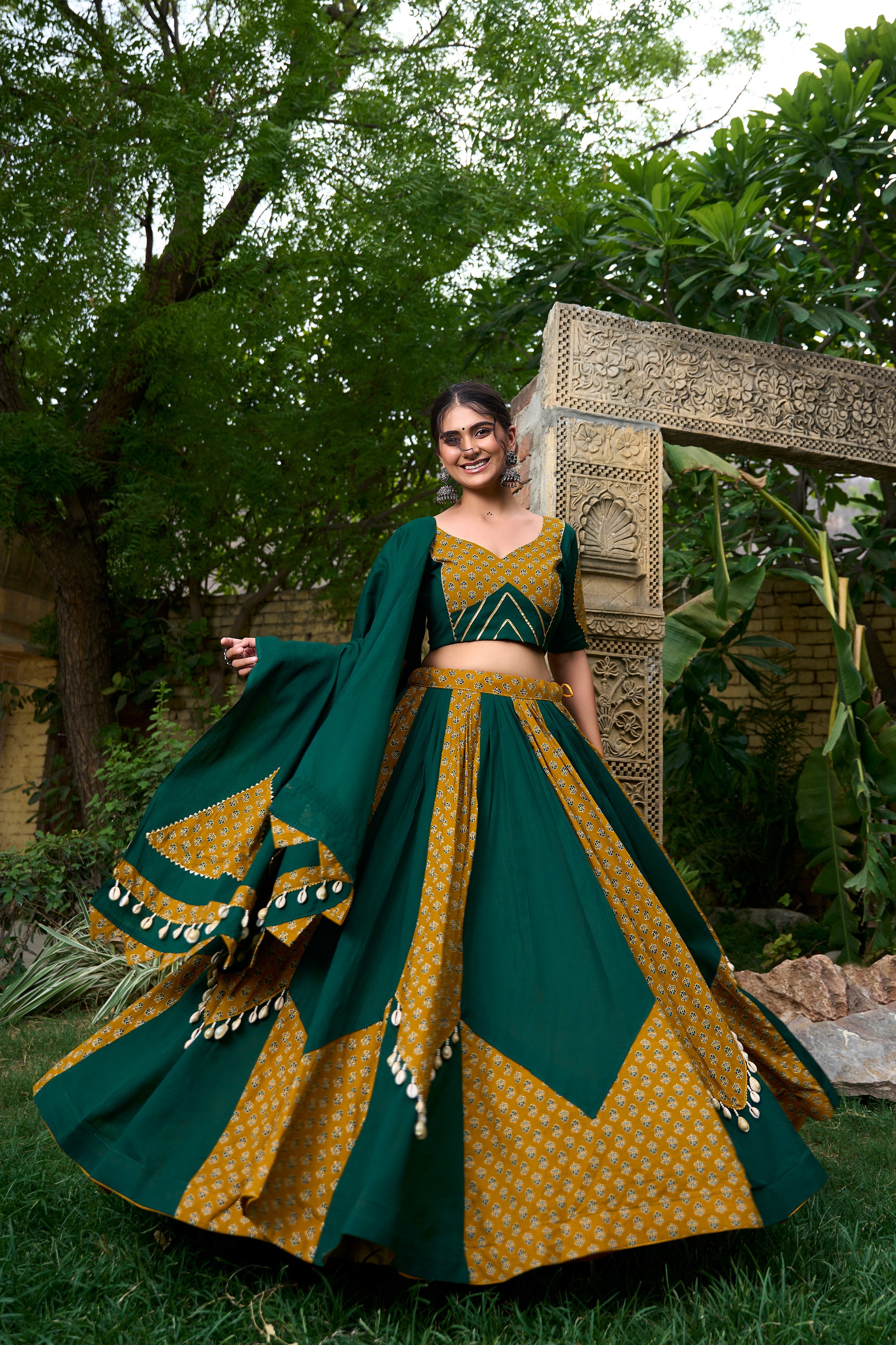 NAVRATRI SPECIAL COTTON FABRICS LEHENGA CHOLI |  Pure Cotton Mustard Green Cotton Lehenga Choli