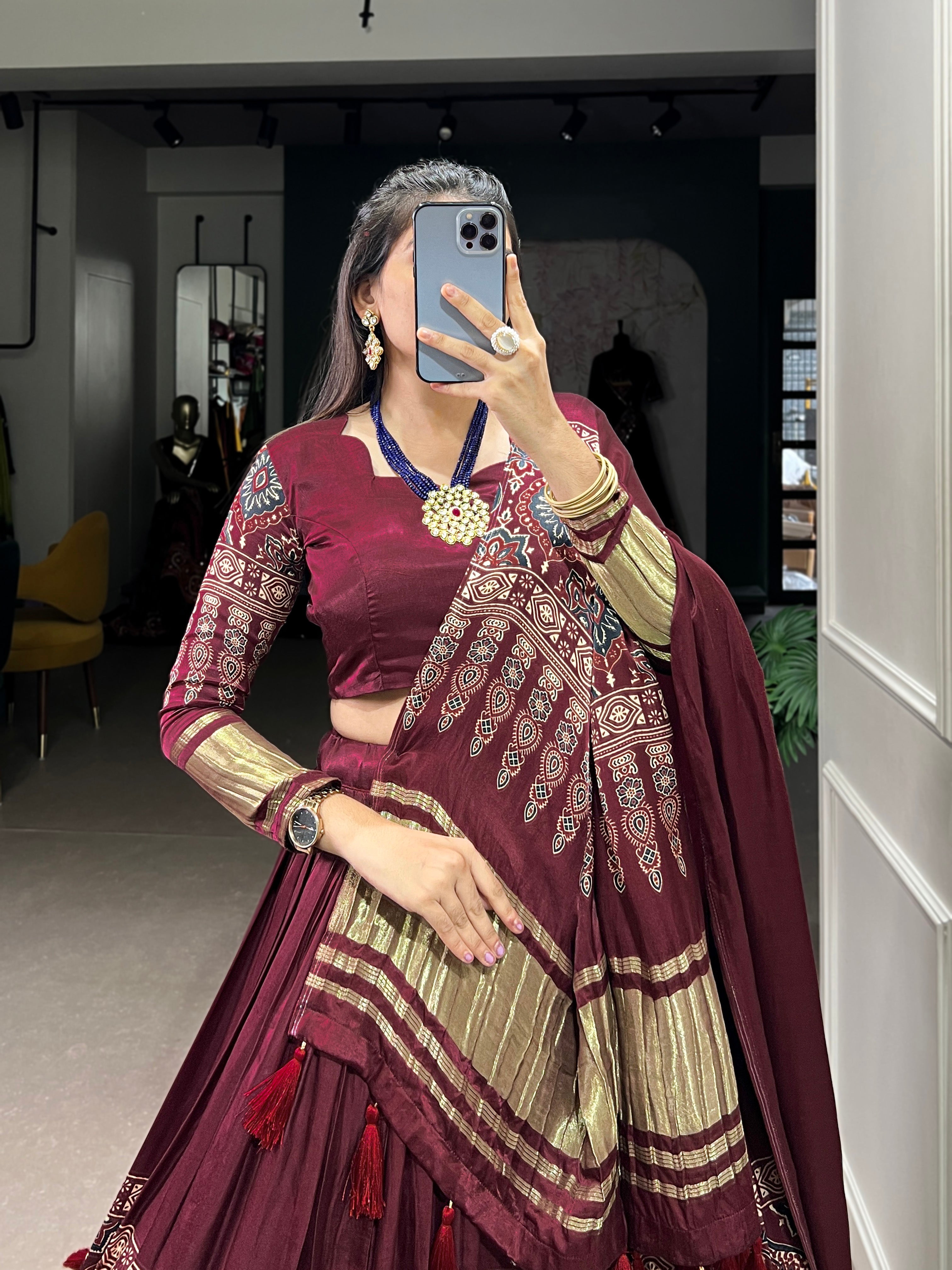 Glamorous Maroon Digital Print Gaji Silk Lehenga Choli With Dupatta