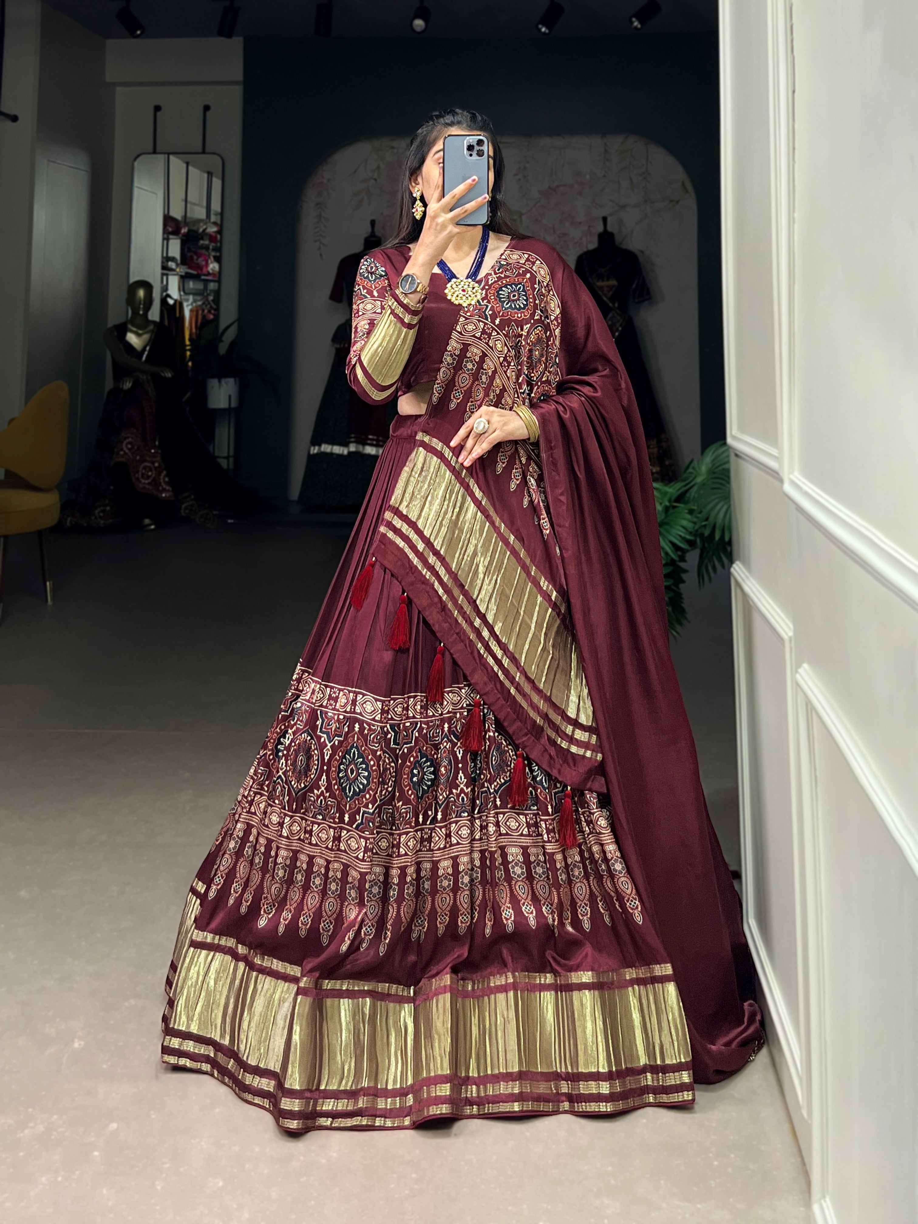 Glamorous Maroon Digital Print Gaji Silk Lehenga Choli With Dupatta