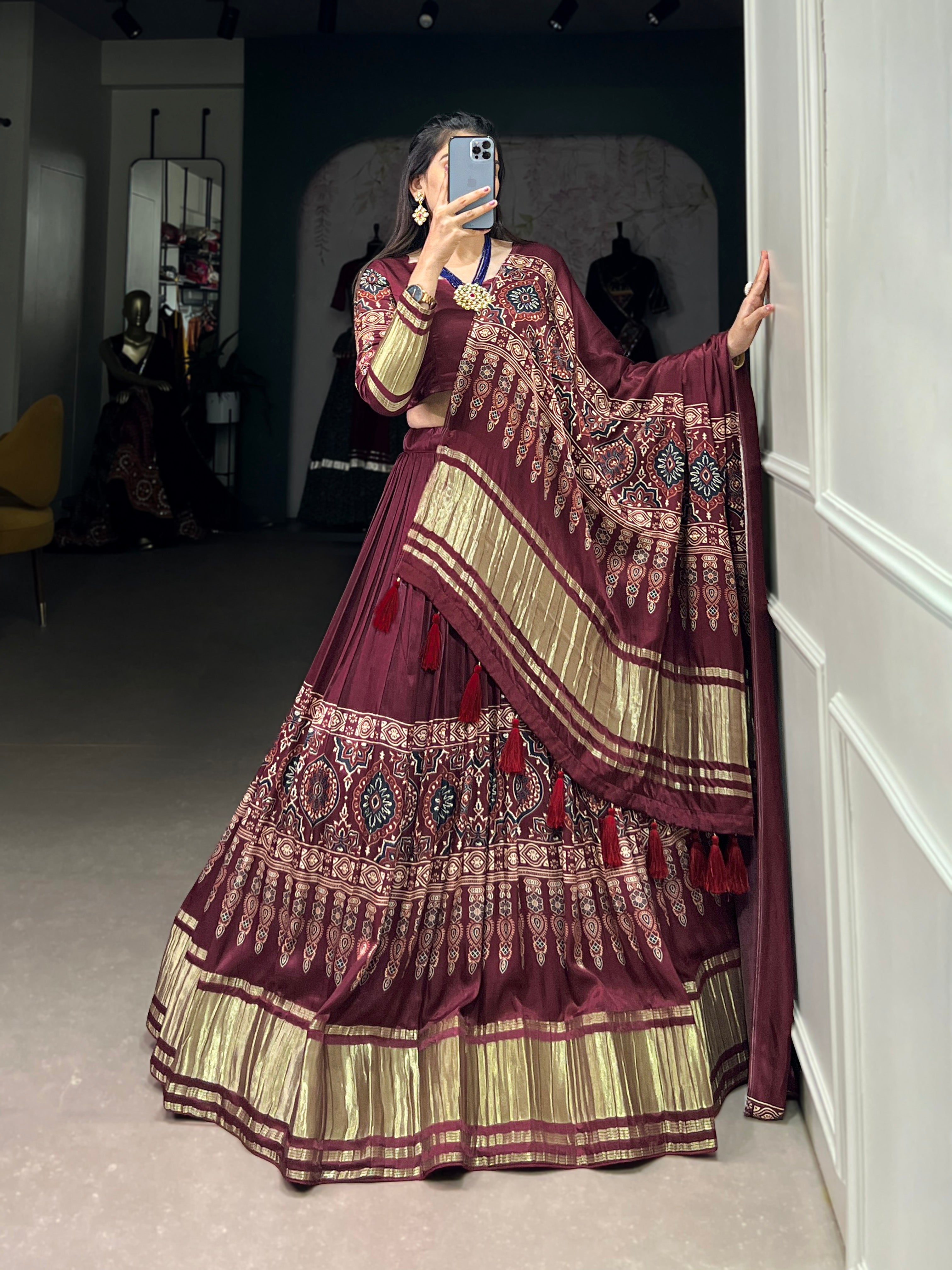Glamorous Maroon Digital Print Gaji Silk Lehenga Choli With Dupatta