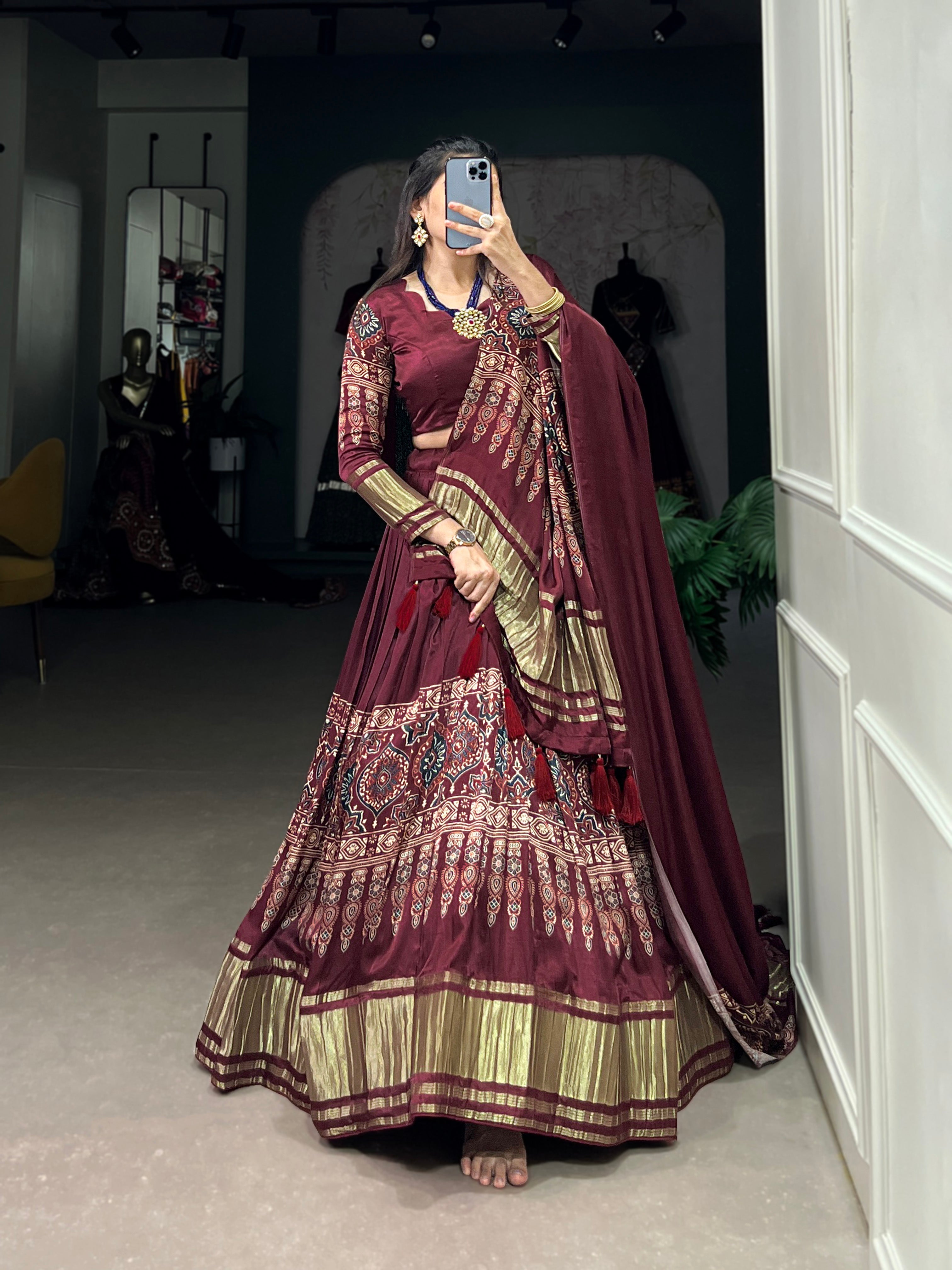 Glamorous Maroon Digital Print Gaji Silk Lehenga Choli With Dupatta