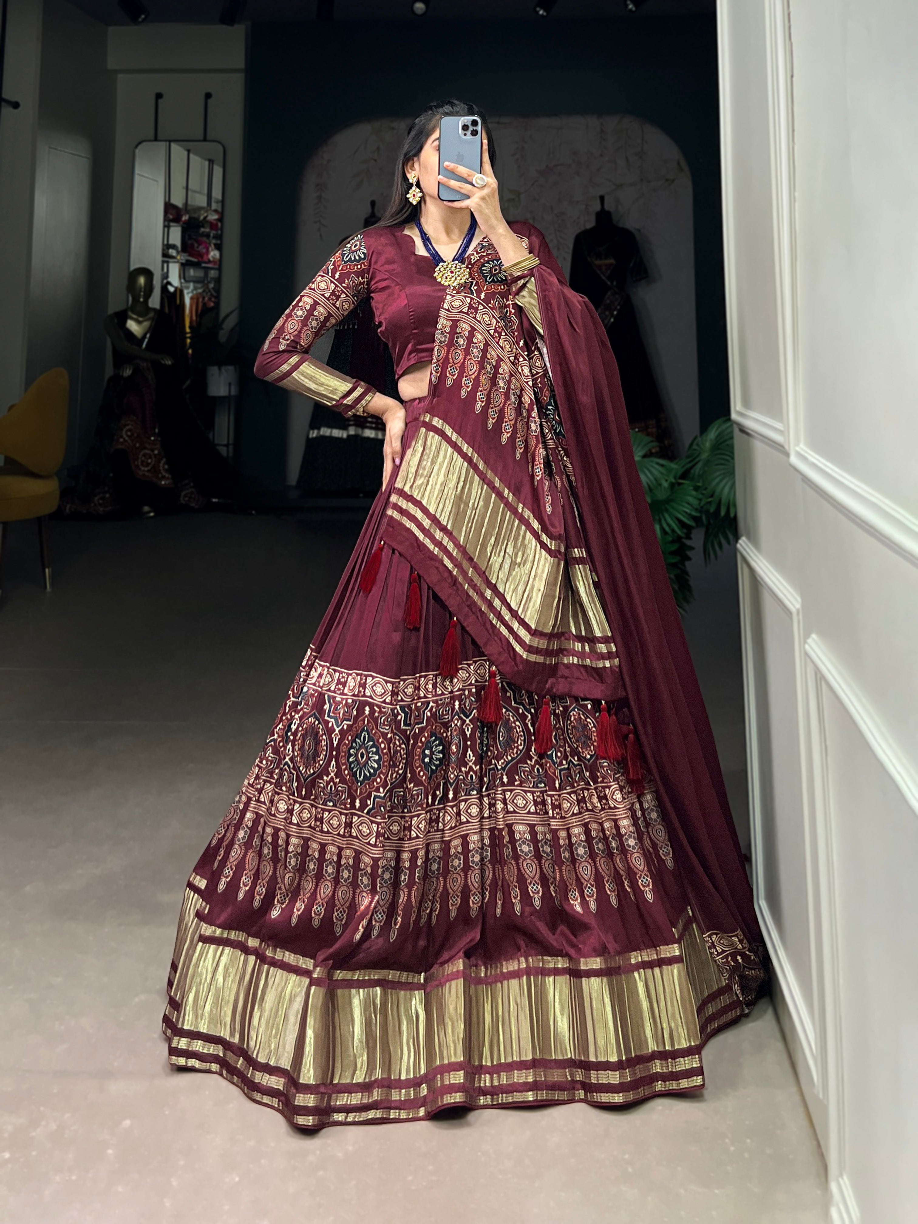 Glamorous Maroon Digital Print Gaji Silk Lehenga Choli With Dupatta