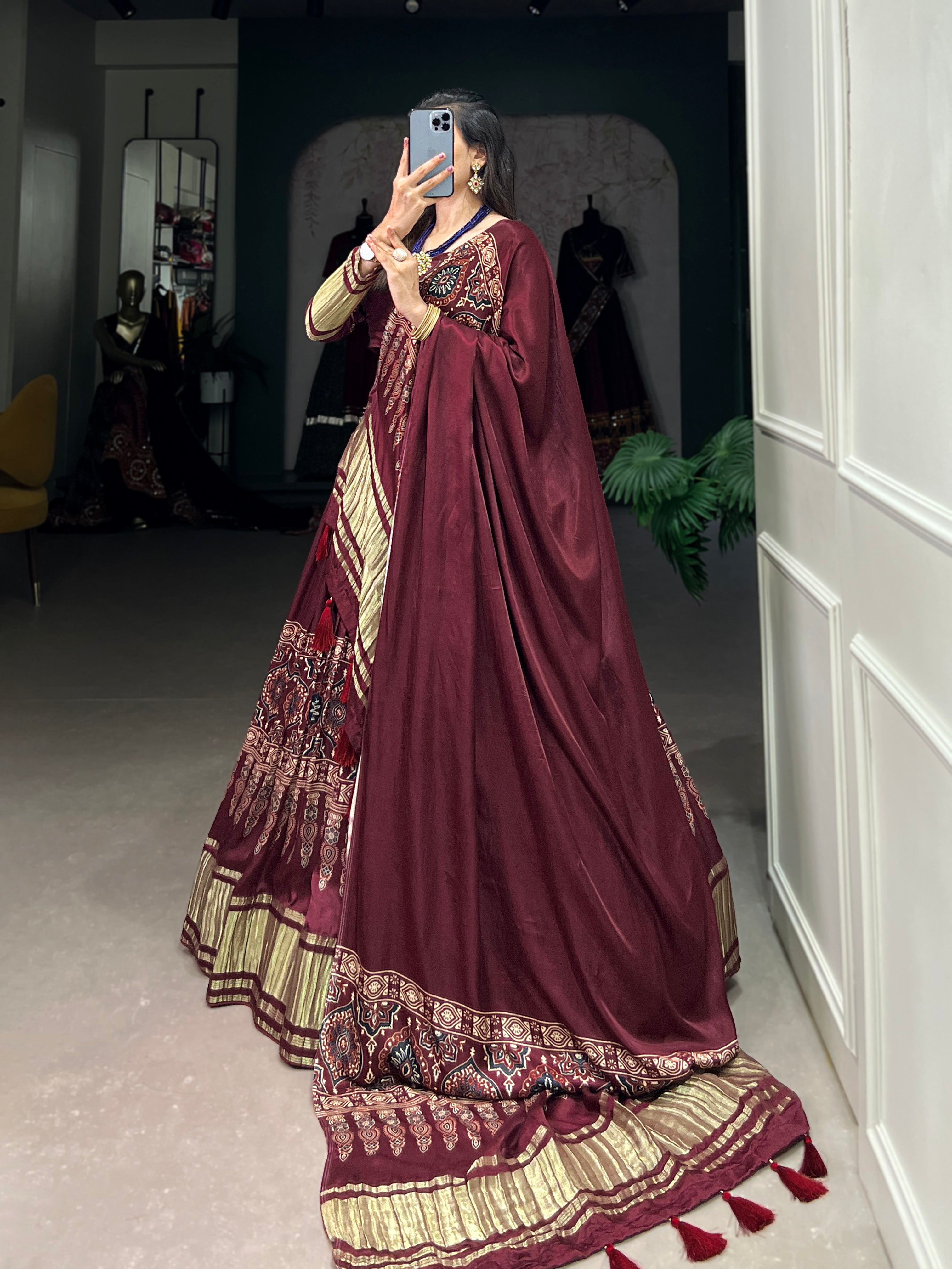 Glamorous Maroon Digital Print Gaji Silk Lehenga Choli With Dupatta