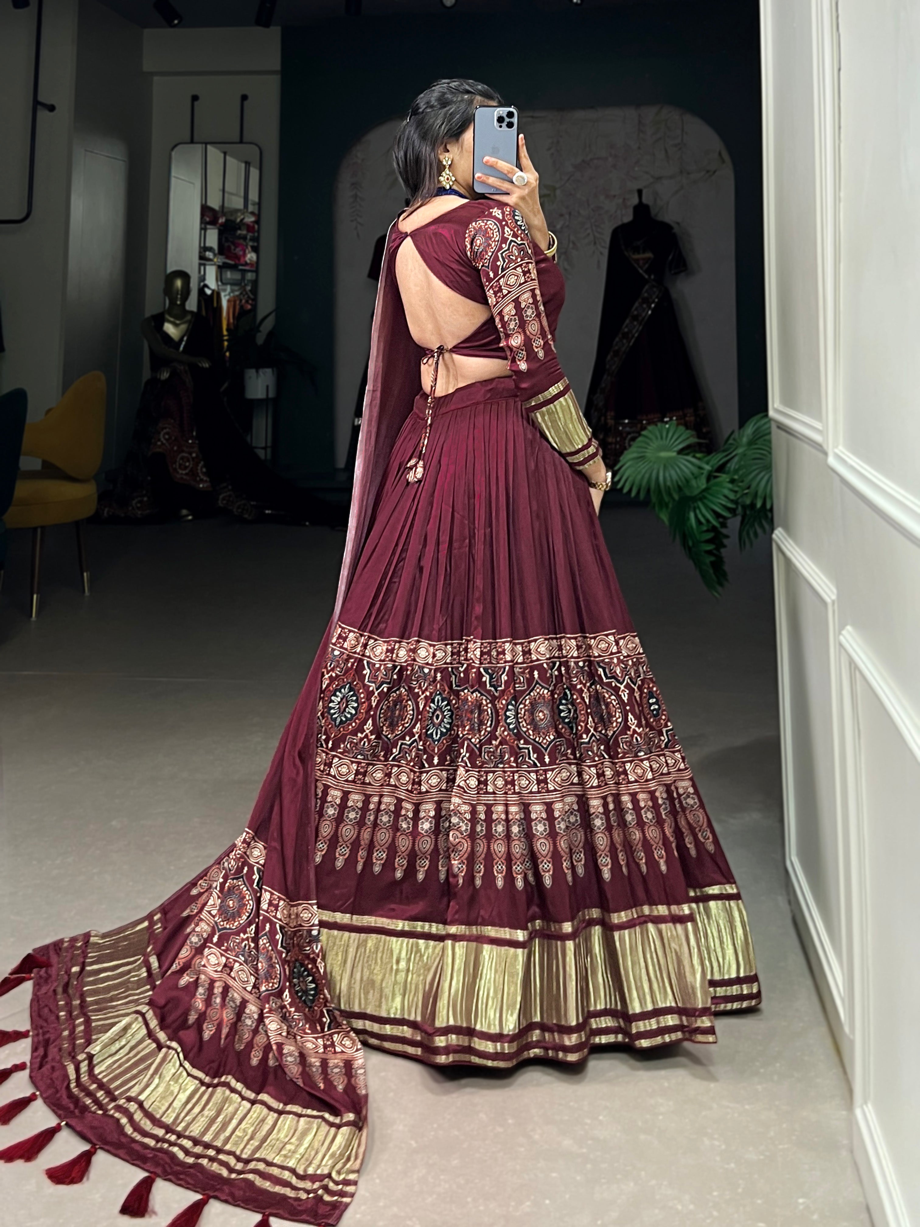 Glamorous Maroon Digital Print Gaji Silk Lehenga Choli With Dupatta