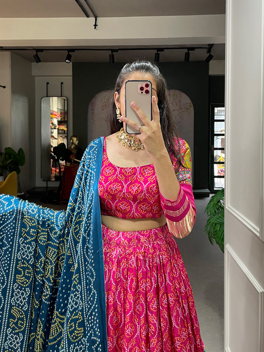 Glamorous pink Digital Print Gaji Silk Lehenga Choli With Blue Dupatta