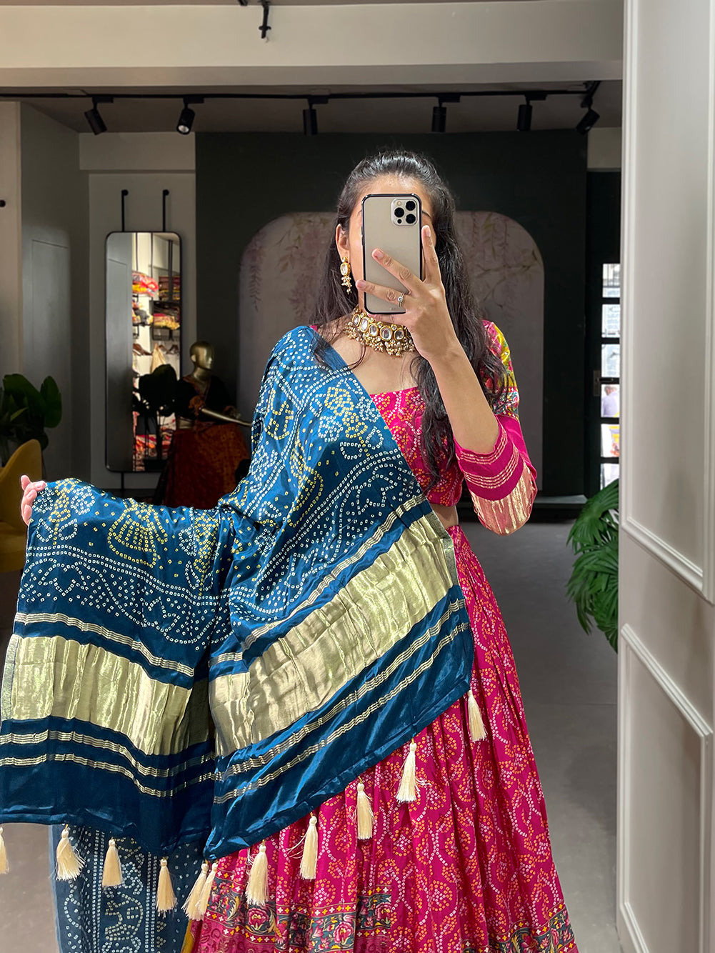 Glamorous pink Digital Print Gaji Silk Lehenga Choli With Blue Dupatta
