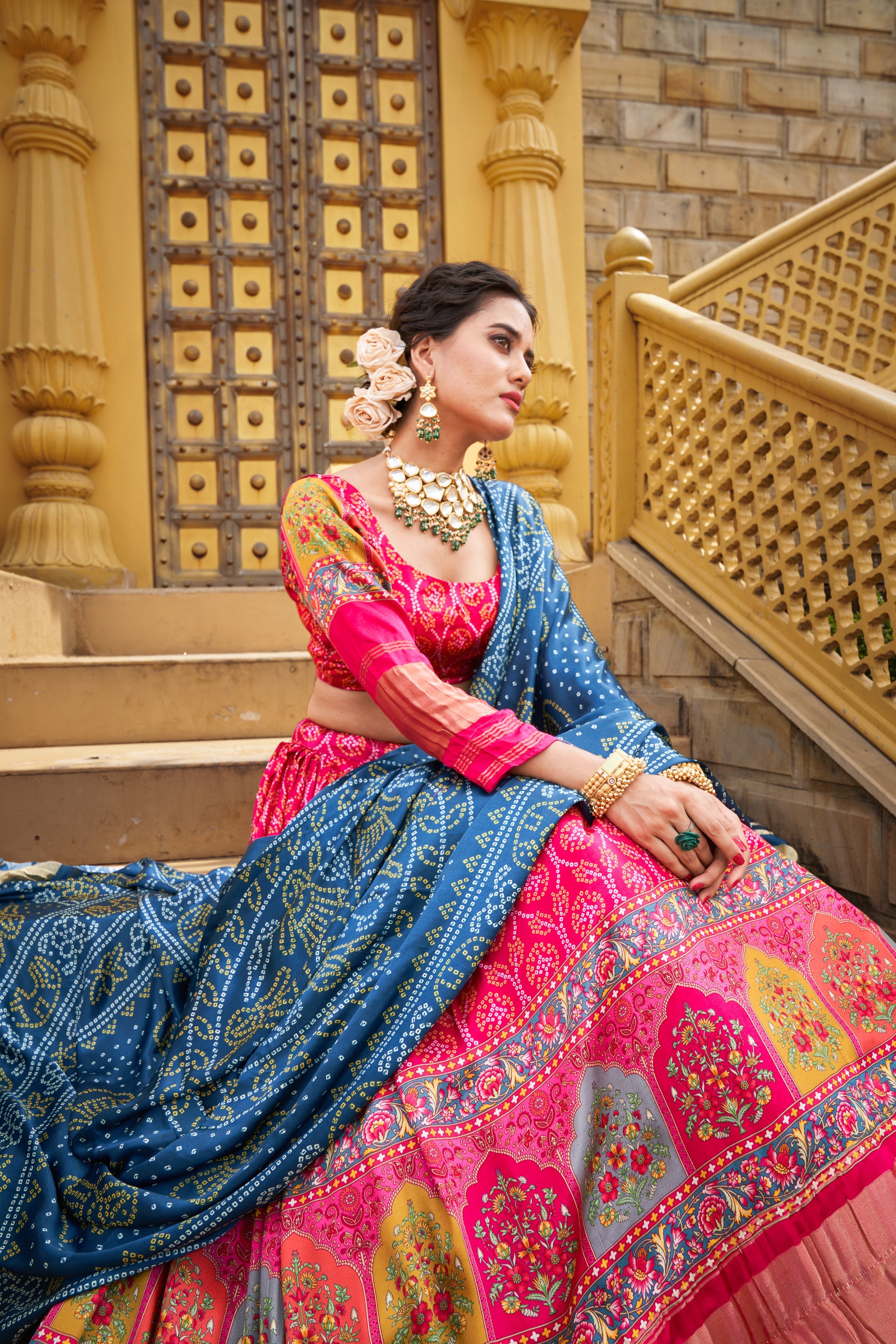 Glamorous pink Digital Print Gaji Silk Lehenga Choli With Blue Dupatta