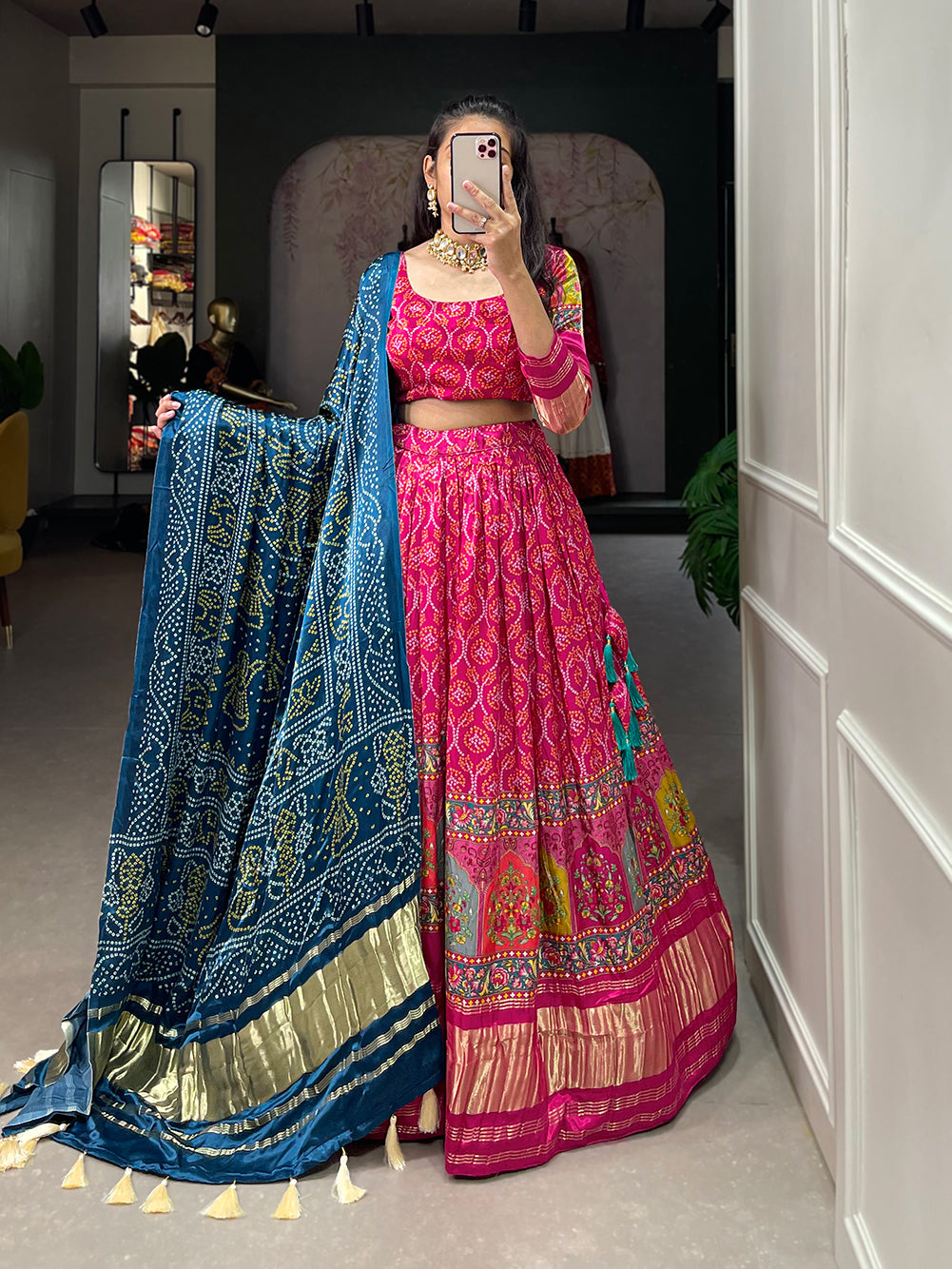 Glamorous pink Digital Print Gaji Silk Lehenga Choli With Blue Dupatta