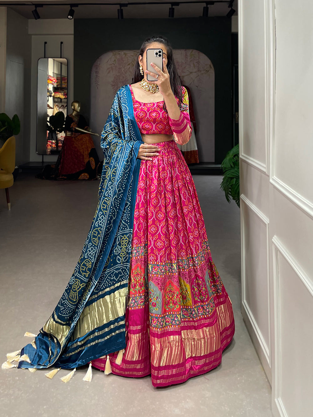 Glamorous pink Digital Print Gaji Silk Lehenga Choli With Blue Dupatta
