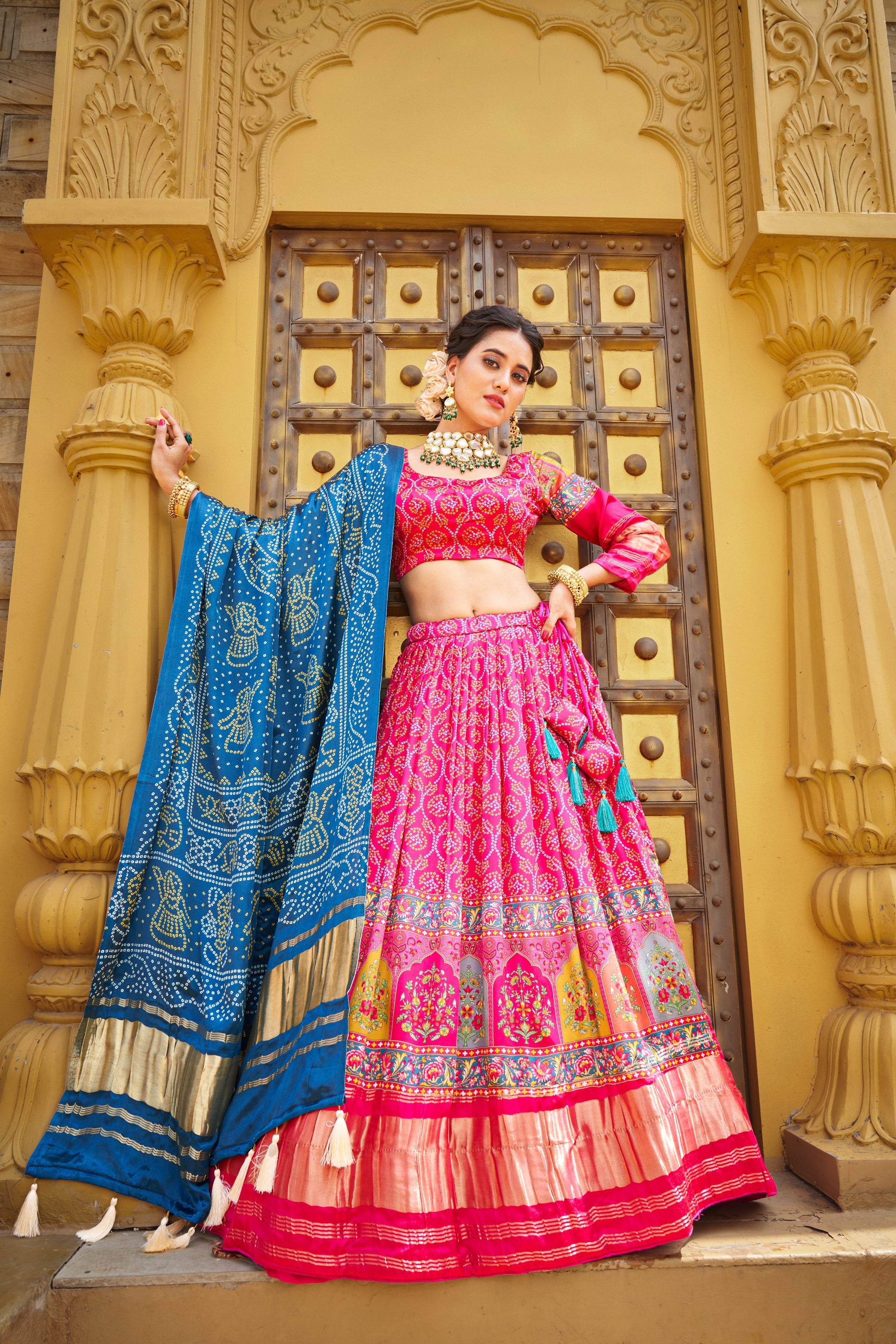 Glamorous pink Digital Print Gaji Silk Lehenga Choli With Blue Dupatta