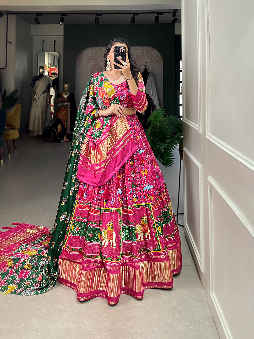 Glamorous pink Digital Print Gaji Silk Lehenga Choli With Green Dupatta