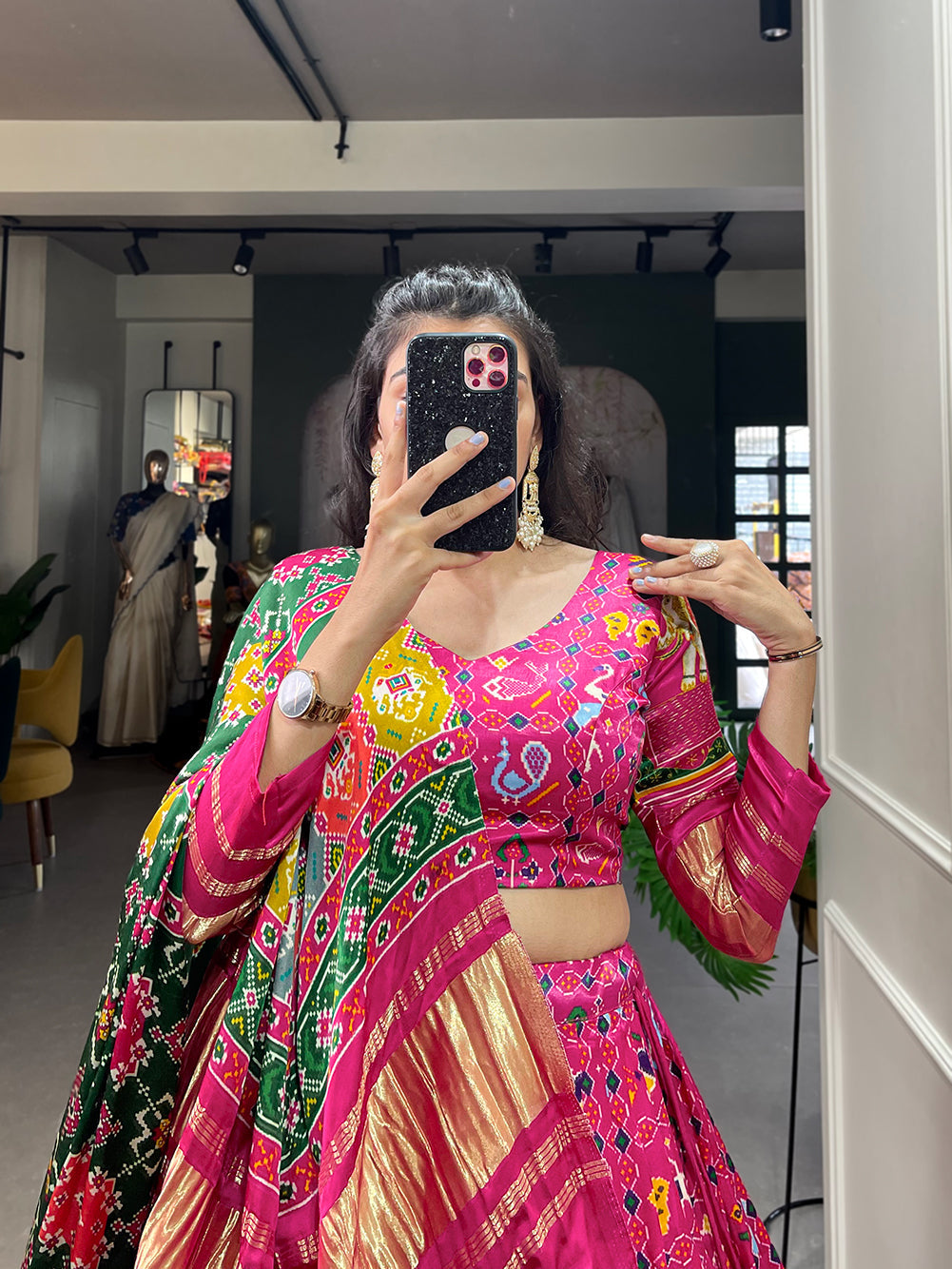 Glamorous pink Digital Print Gaji Silk Lehenga Choli With Green Dupatta