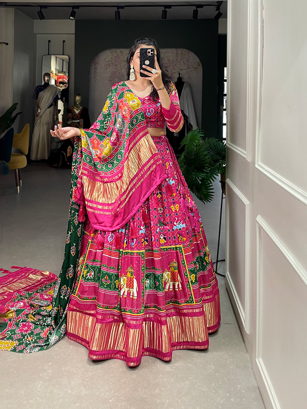 Glamorous pink Digital Print Gaji Silk Lehenga Choli With Green Dupatta