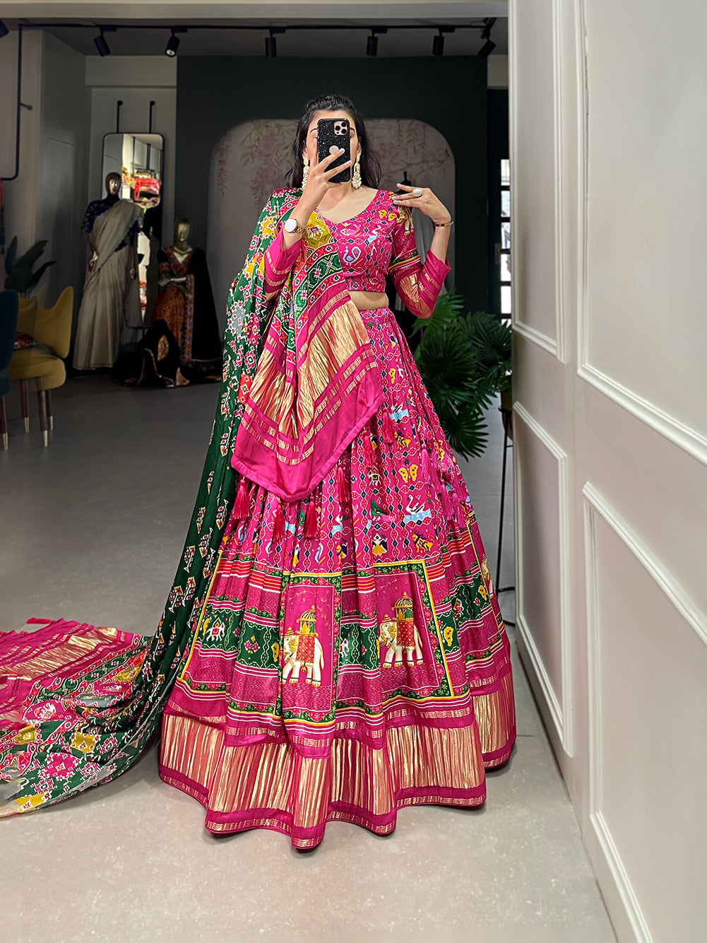 Glamorous pink Digital Print Gaji Silk Lehenga Choli With Green Dupatta