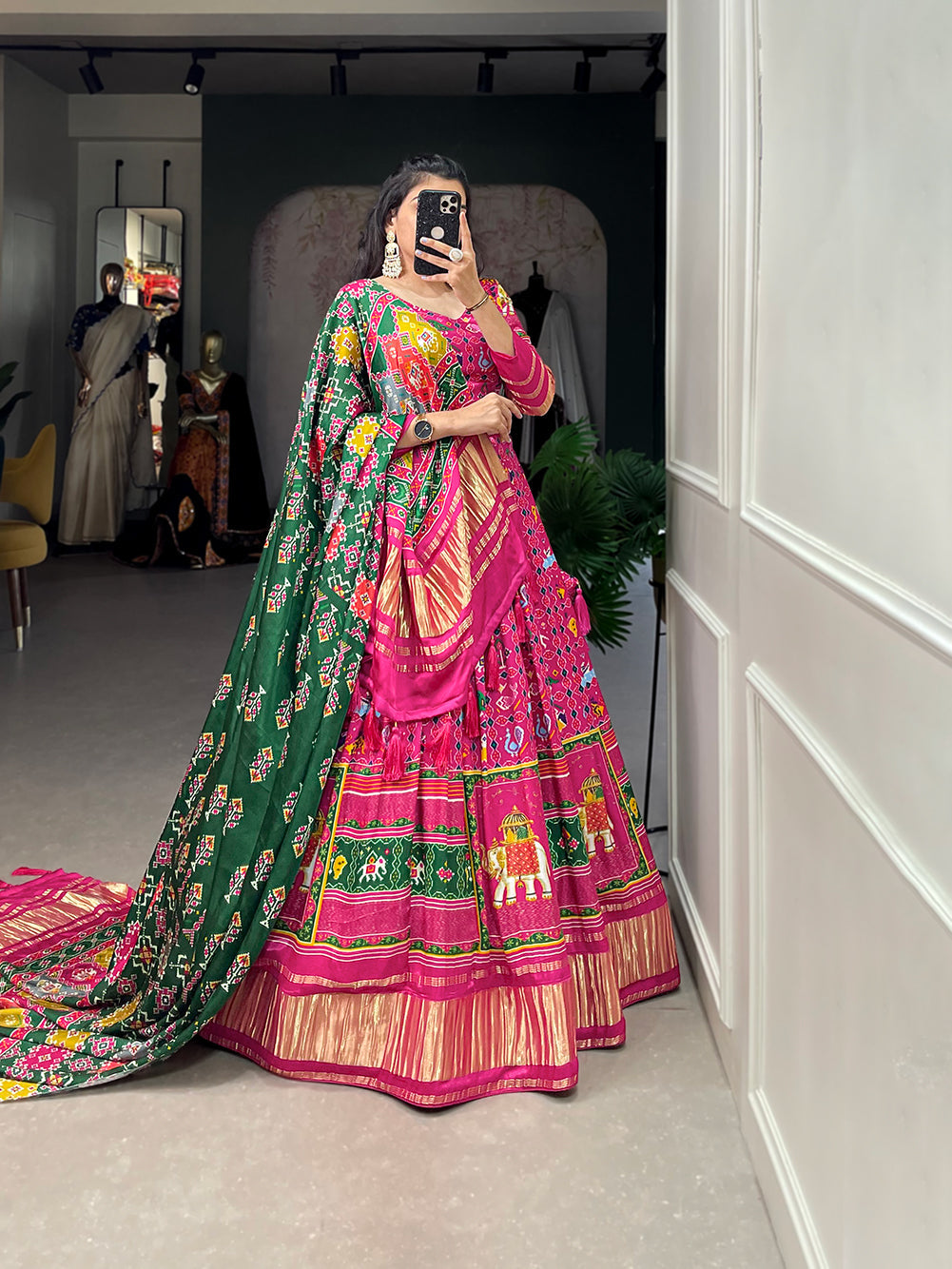 Glamorous pink Digital Print Gaji Silk Lehenga Choli With Green Dupatta