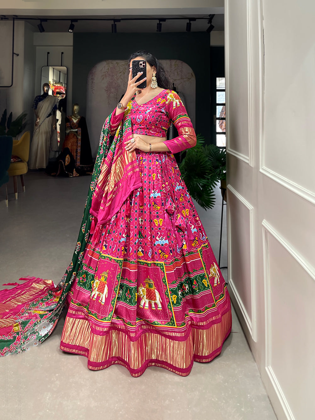 Glamorous pink Digital Print Gaji Silk Lehenga Choli With Green Dupatta