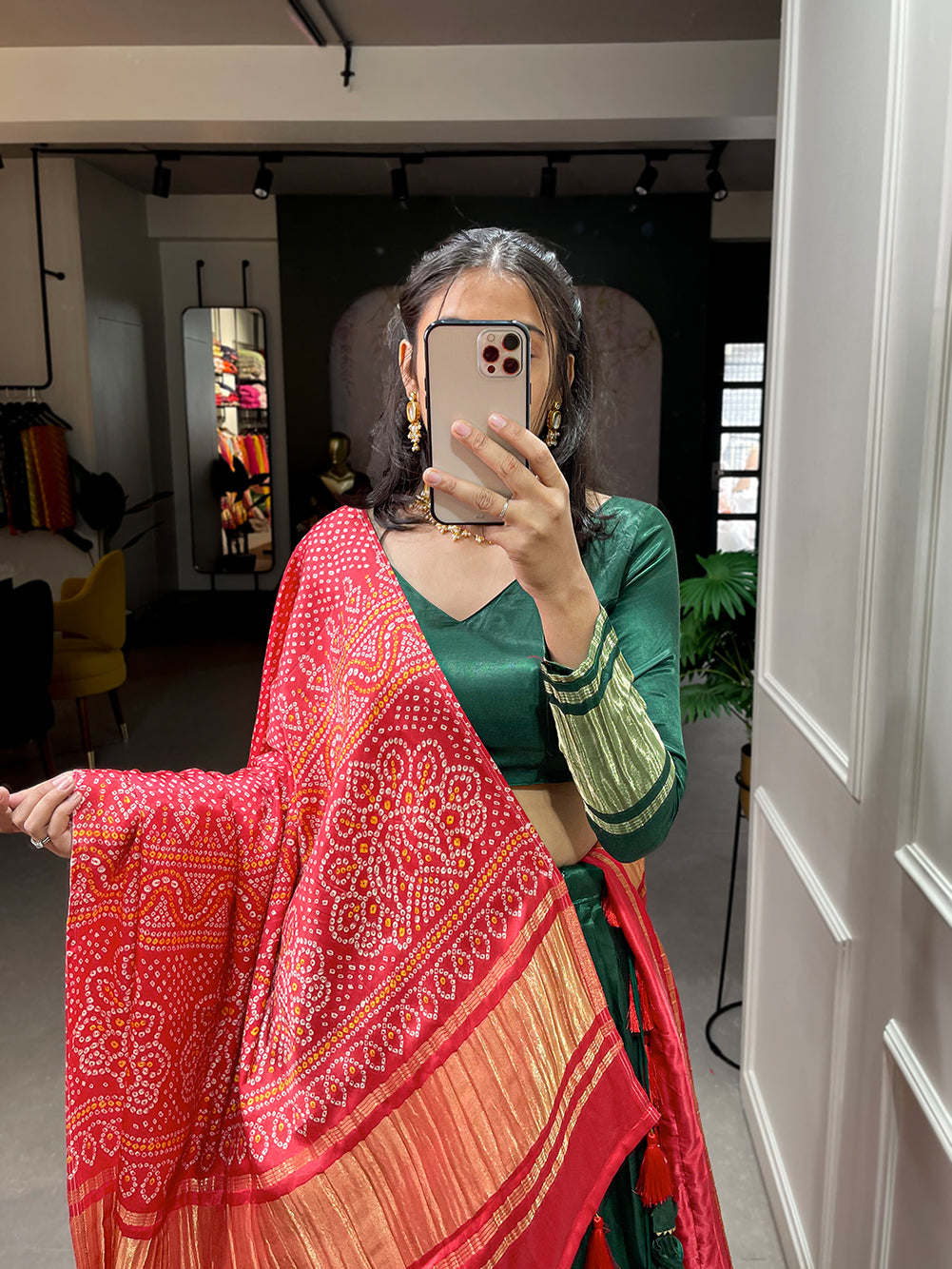 Green Patola Print With Foil Work Gaji Silk Lehenga Choli With Dupatta