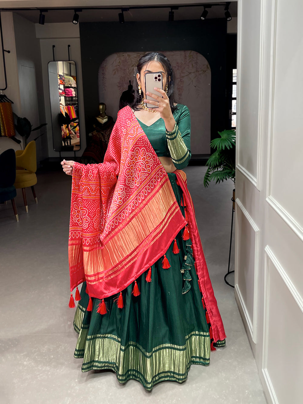 Green Patola Print With Foil Work Gaji Silk Lehenga Choli With Dupatta