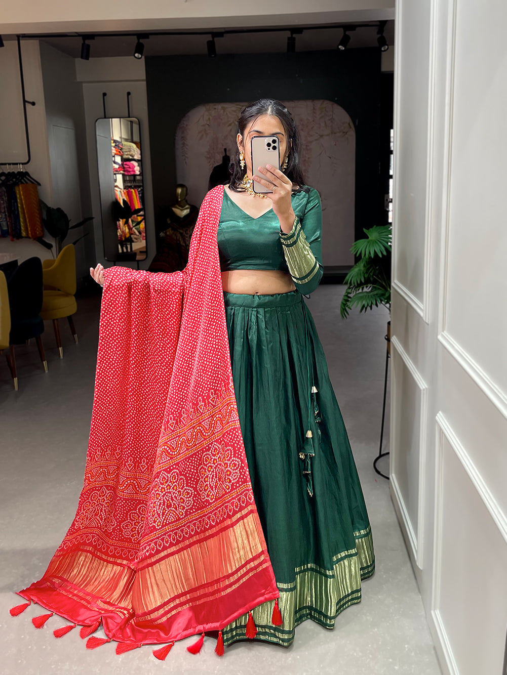 Green Patola Print With Foil Work Gaji Silk Lehenga Choli With Dupatta