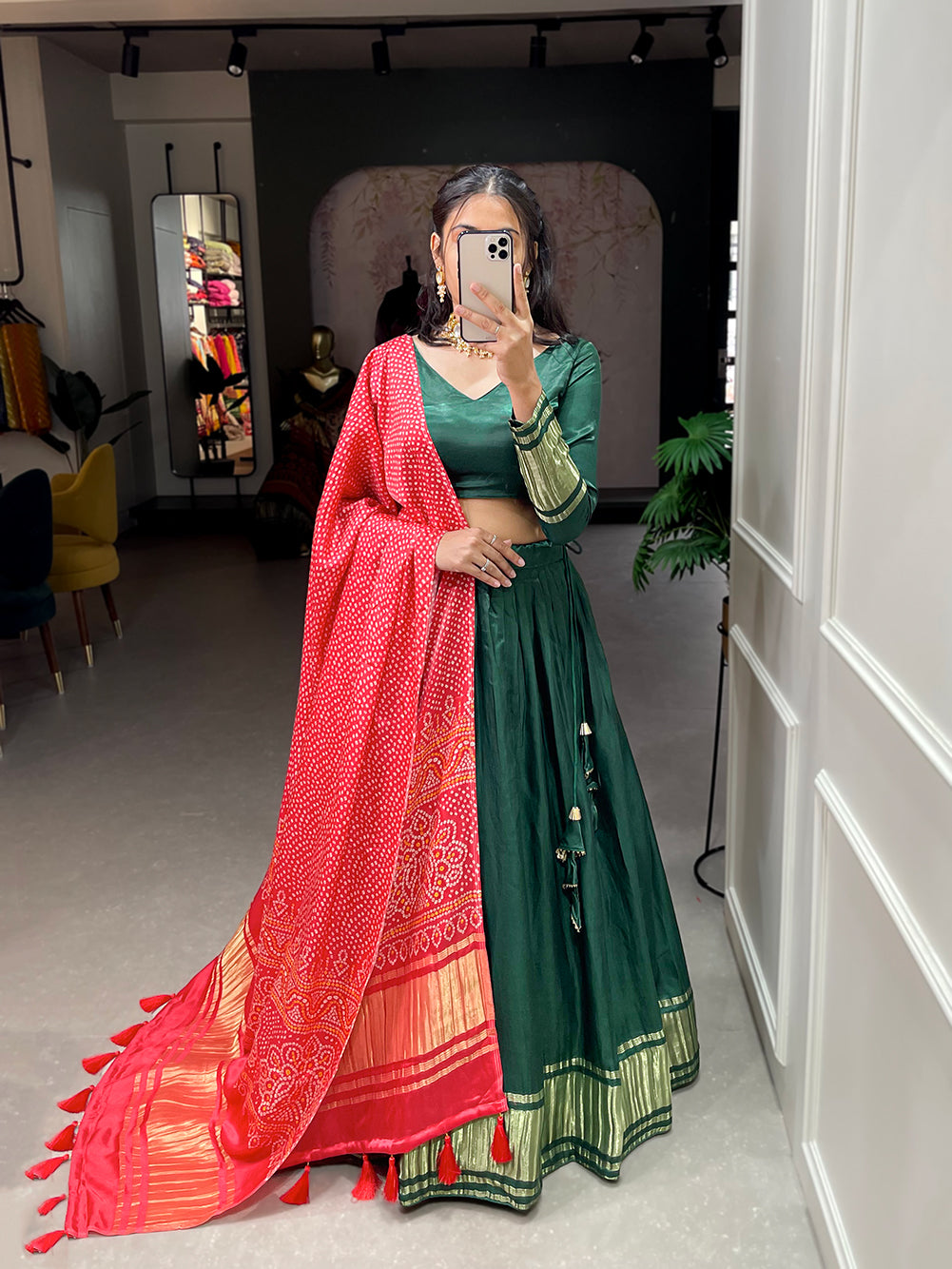 Green Patola Print With Foil Work Gaji Silk Lehenga Choli With Dupatta