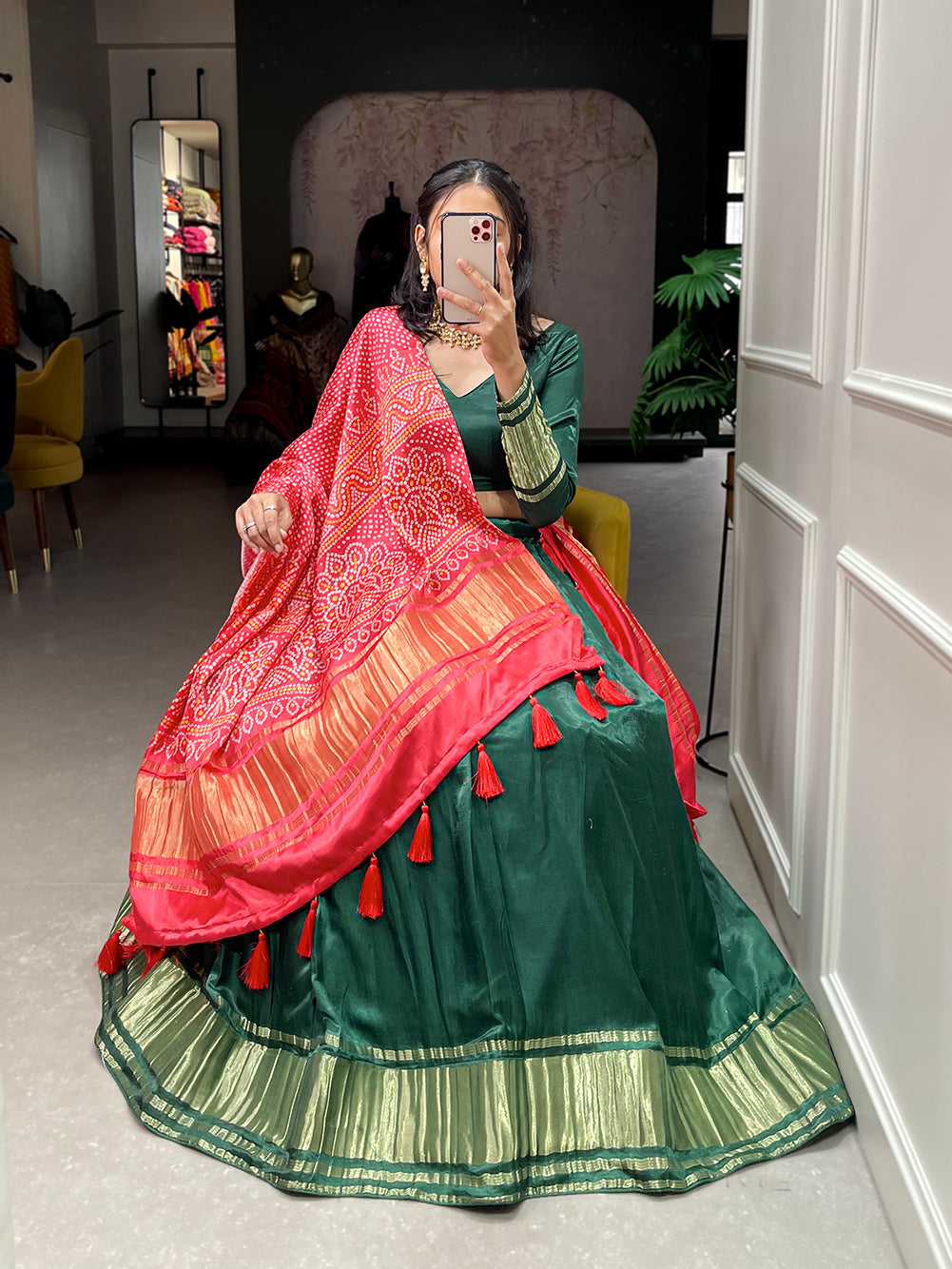 Green Patola Print With Foil Work Gaji Silk Lehenga Choli With Dupatta