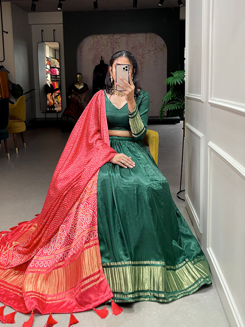 Green Patola Print With Foil Work Gaji Silk Lehenga Choli With Dupatta