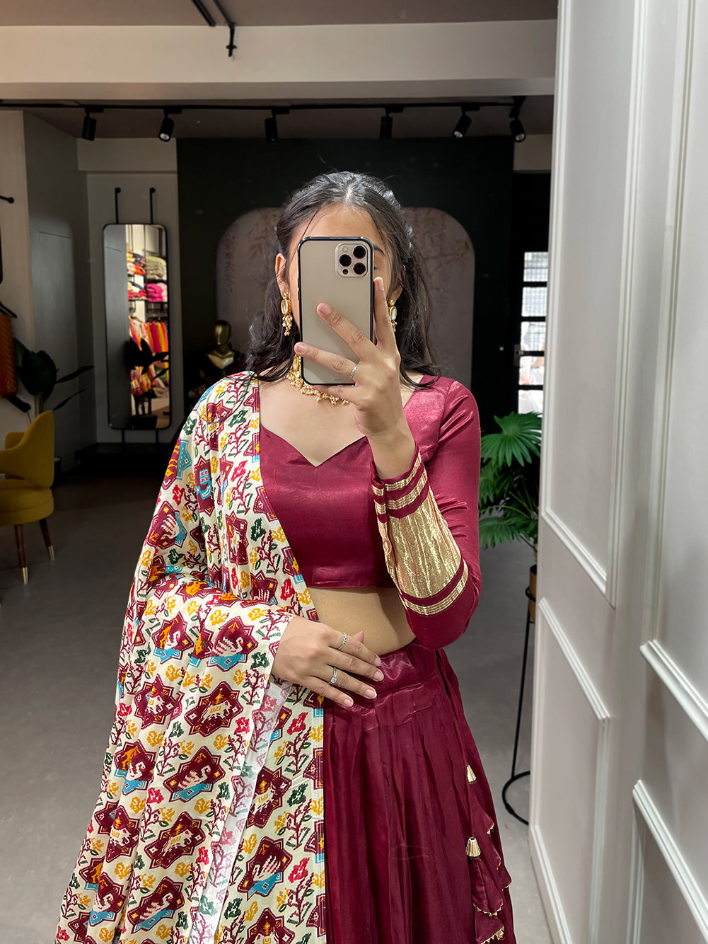 Maroon  Patola Print With Foil Work Gaji Silk Lehenga Choli With Dupatta