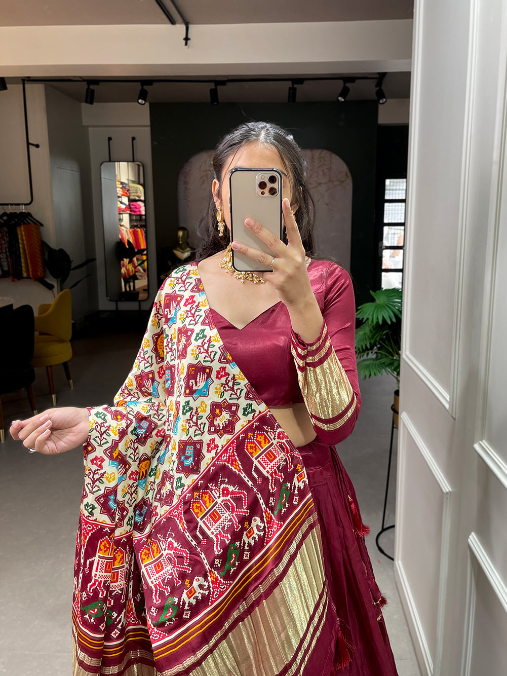 Maroon  Patola Print With Foil Work Gaji Silk Lehenga Choli With Dupatta