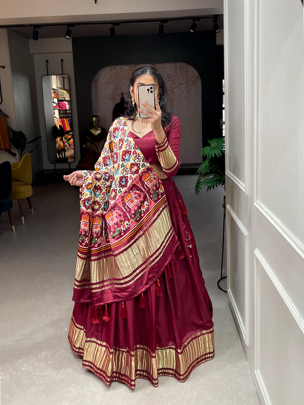 Maroon  Patola Print With Foil Work Gaji Silk Lehenga Choli With Dupatta