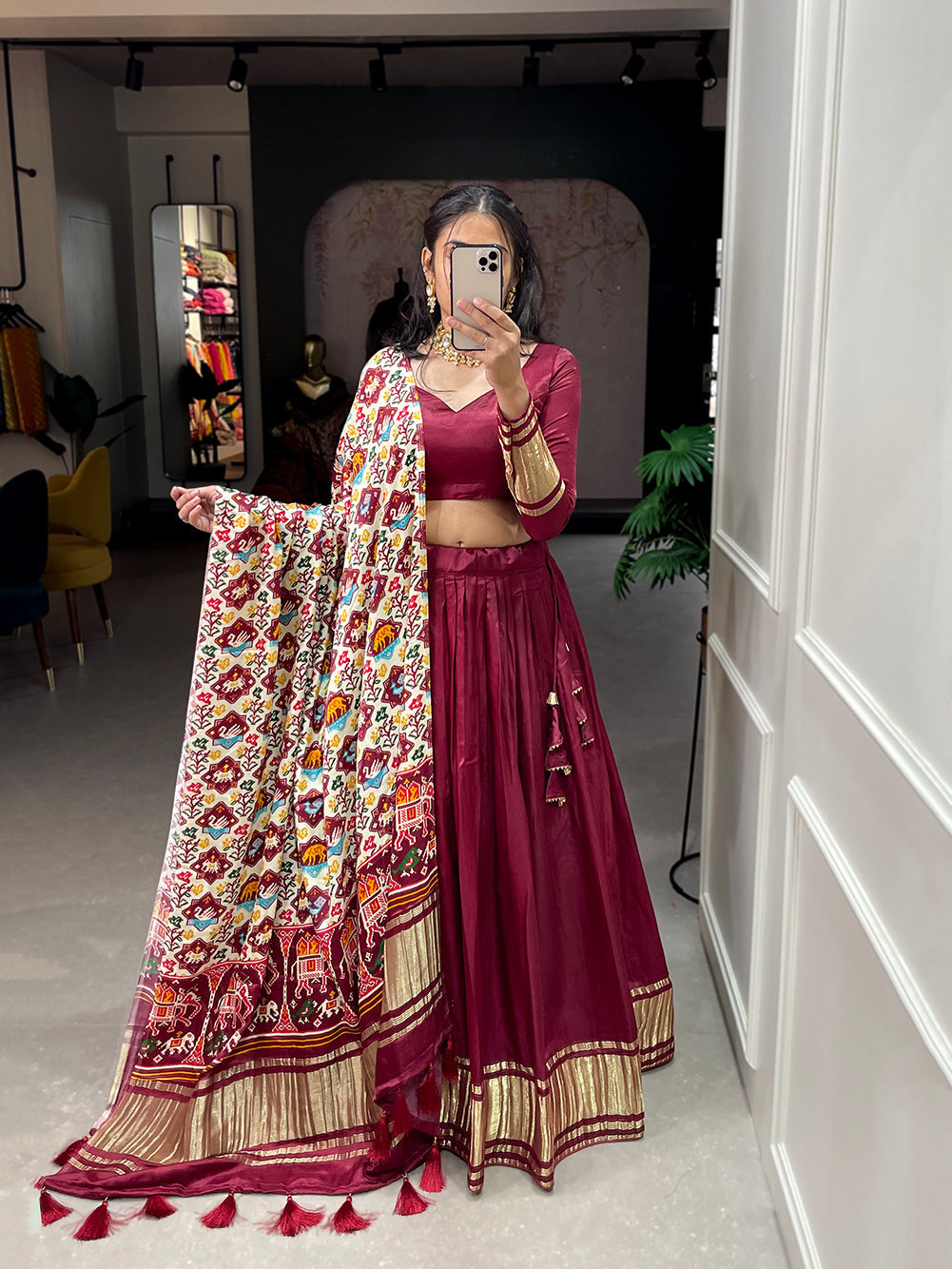 Maroon  Patola Print With Foil Work Gaji Silk Lehenga Choli With Dupatta