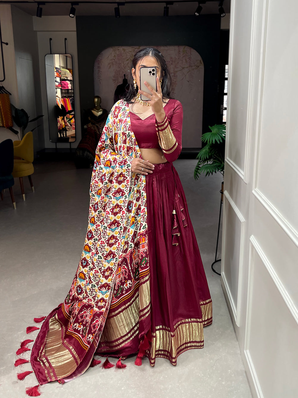 Maroon  Patola Print With Foil Work Gaji Silk Lehenga Choli With Dupatta