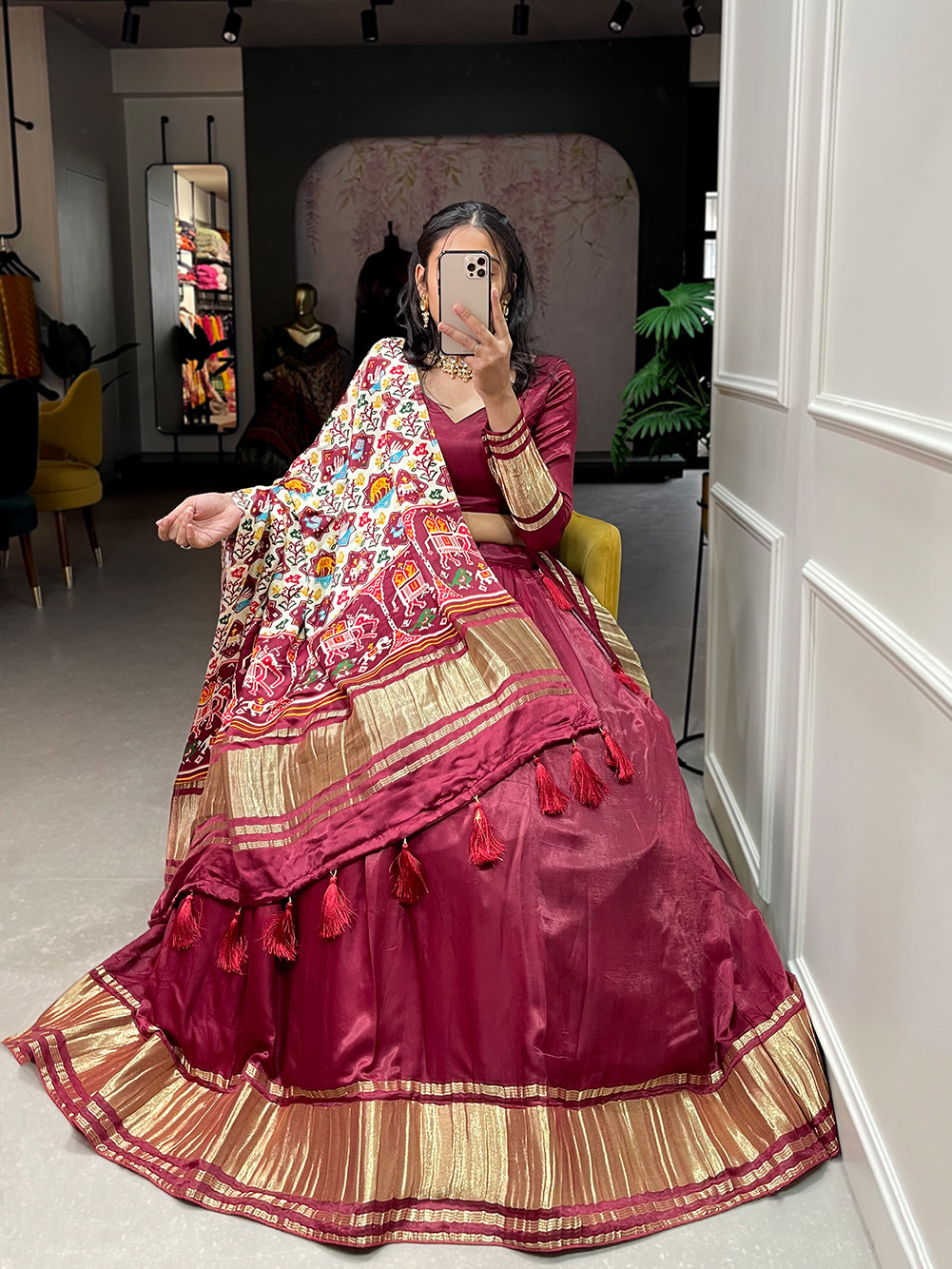 Maroon  Patola Print With Foil Work Gaji Silk Lehenga Choli With Dupatta