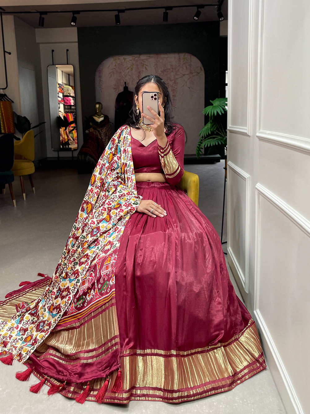 Maroon  Patola Print With Foil Work Gaji Silk Lehenga Choli With Dupatta