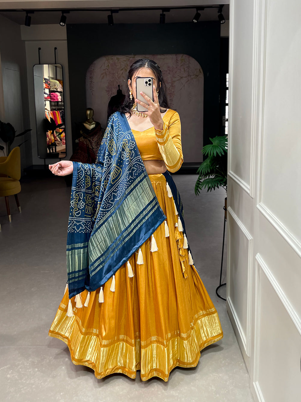 Yellow Patola Print With Foil Work Gaji Silk Lehenga Choli With Dupatta