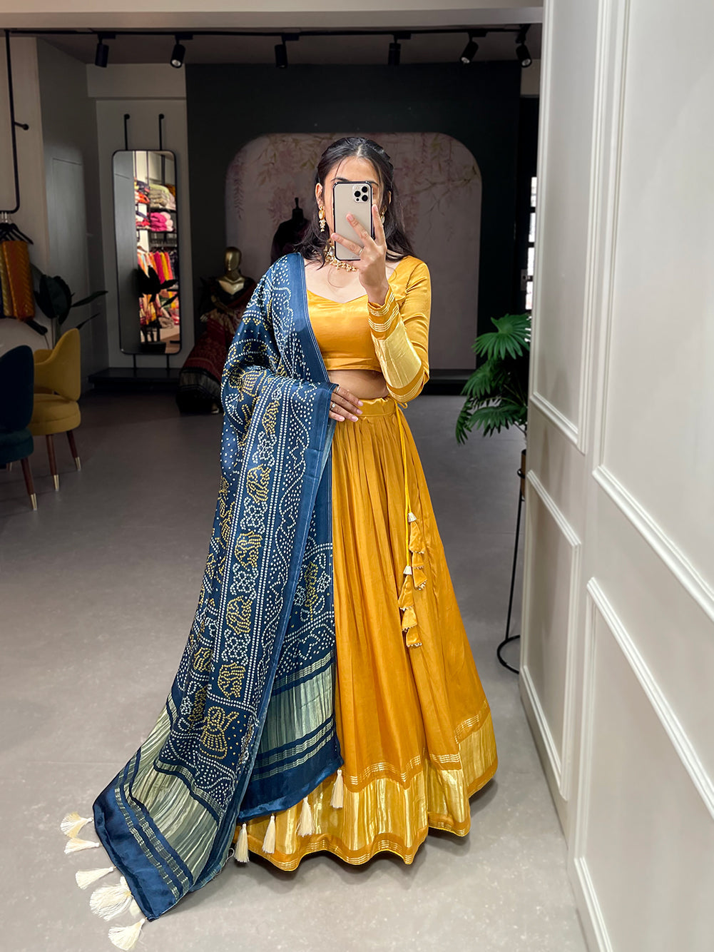 Yellow Patola Print With Foil Work Gaji Silk Lehenga Choli With Dupatta