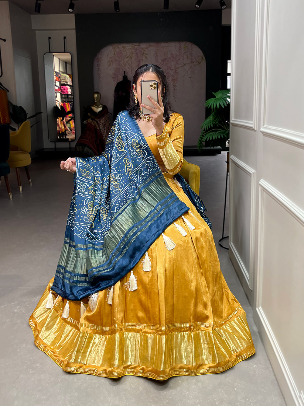 Yellow Patola Print With Foil Work Gaji Silk Lehenga Choli With Dupatta