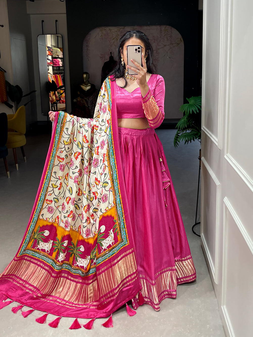 Pink Patola Print With Foil Work Gaji Silk Lehenga Choli With Dupatta