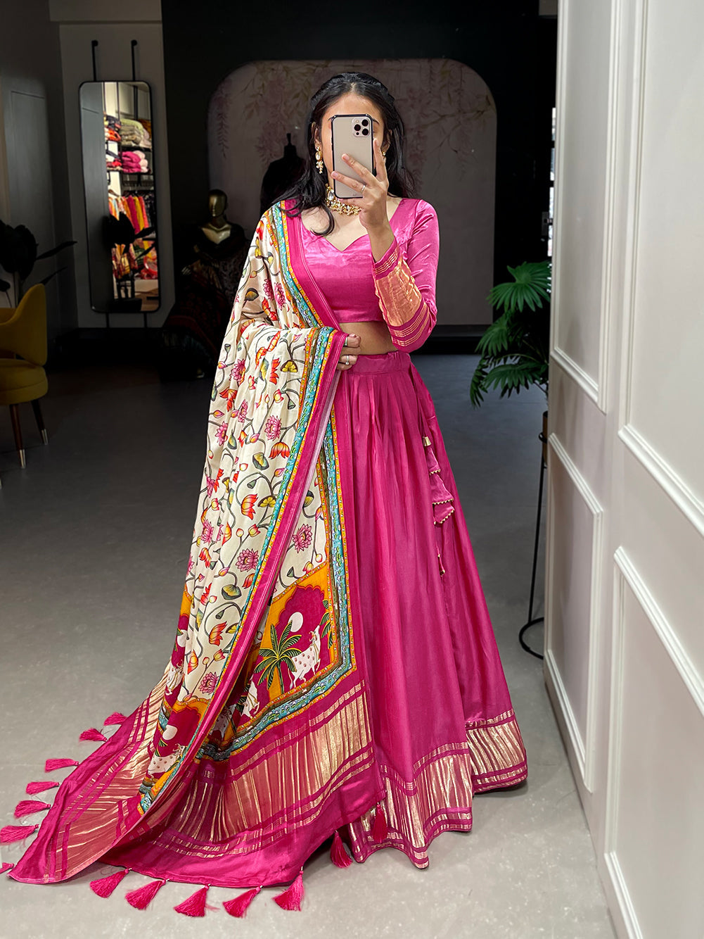 Pink Patola Print With Foil Work Gaji Silk Lehenga Choli With Dupatta