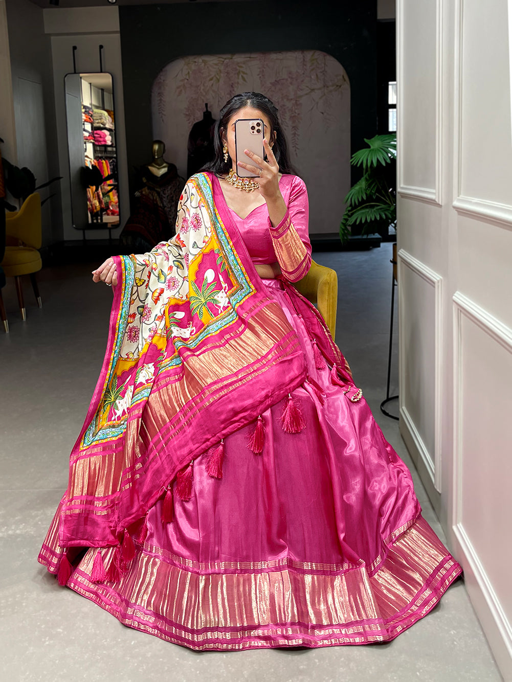Pink Patola Print With Foil Work Gaji Silk Lehenga Choli With Dupatta