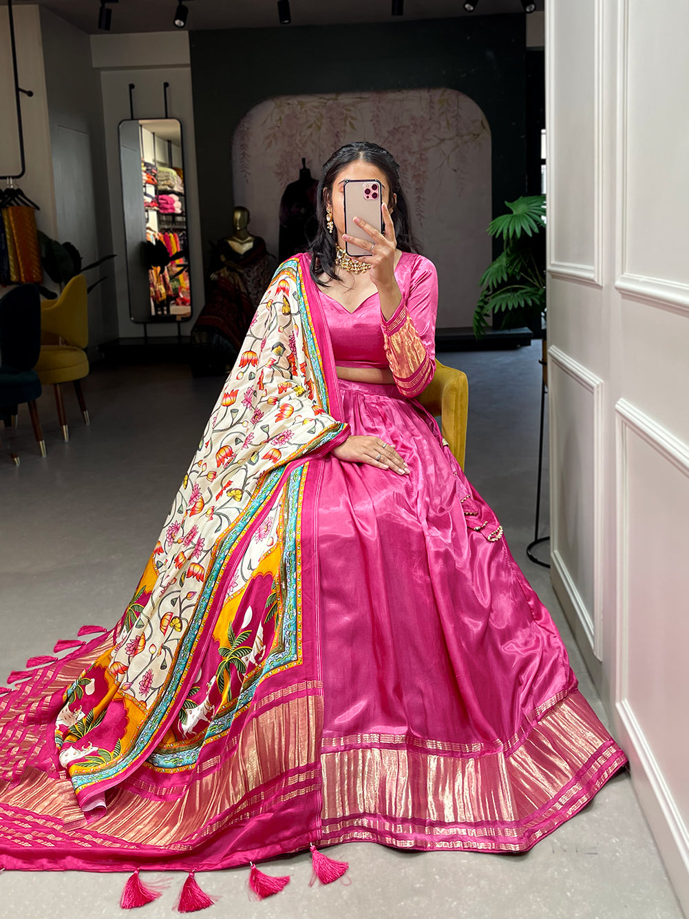 Pink Patola Print With Foil Work Gaji Silk Lehenga Choli With Dupatta