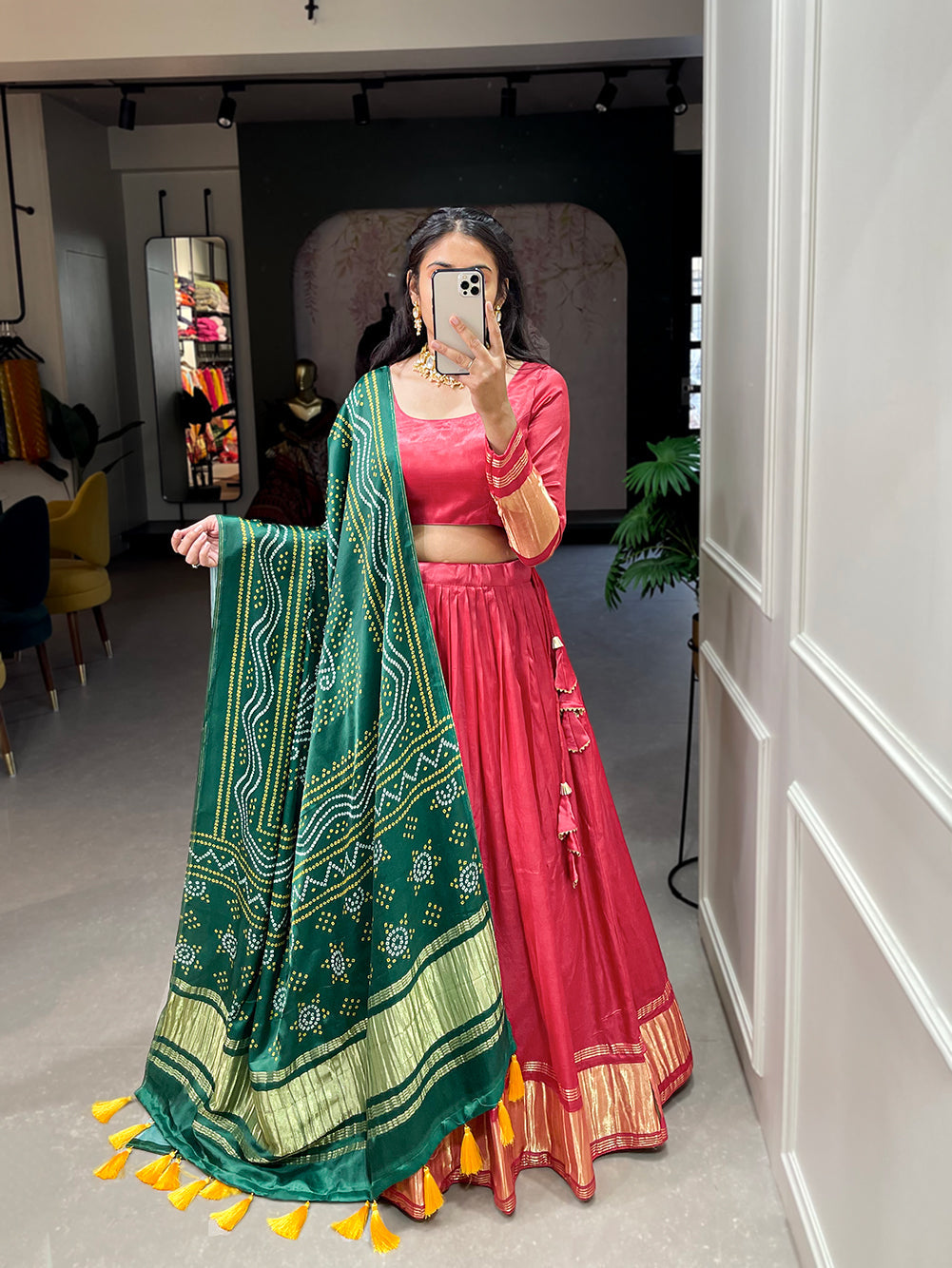 Red Patola Print With Foil Work Gaji Silk Lehenga Choli With Dupatta