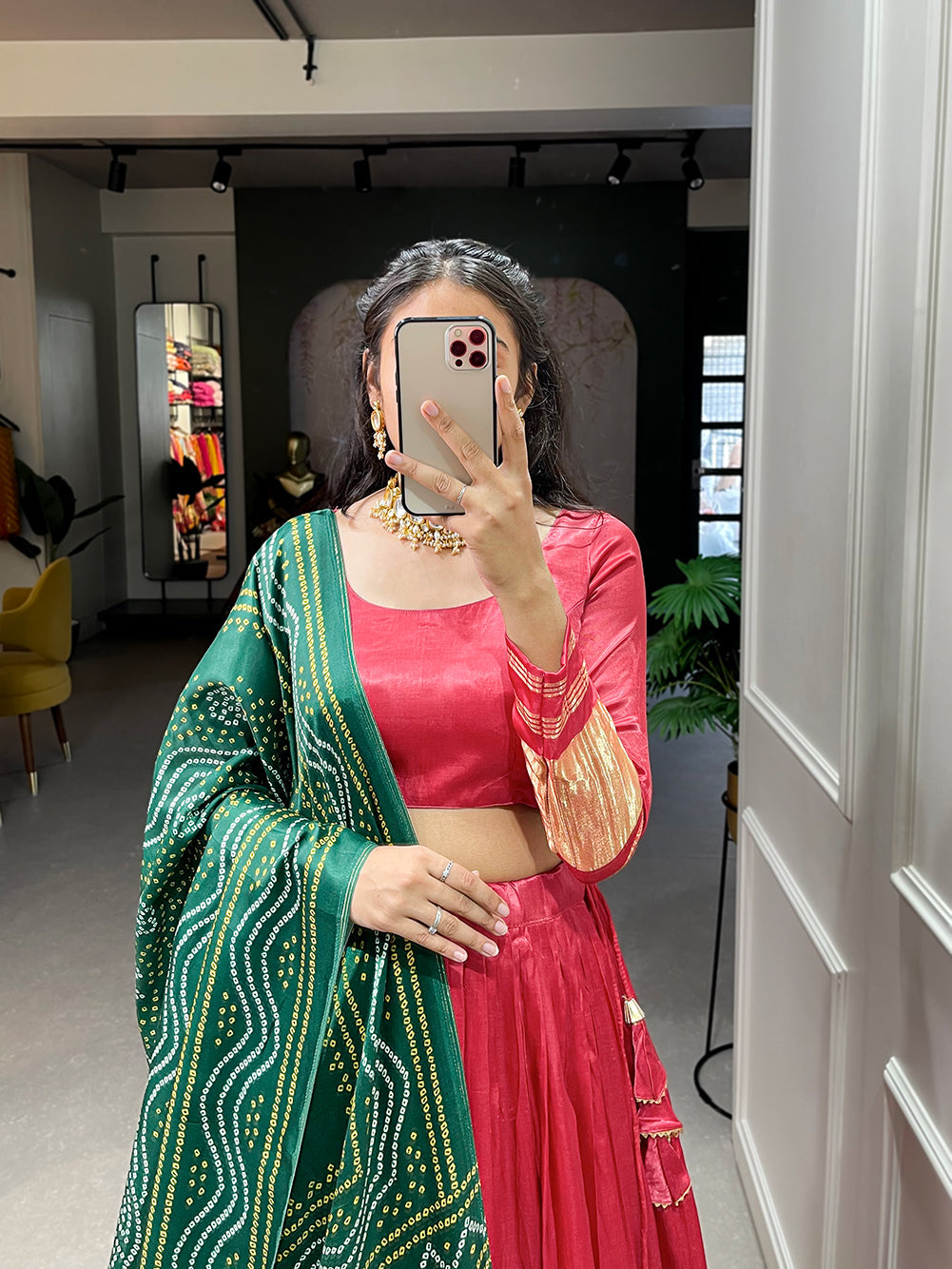 Red Patola Print With Foil Work Gaji Silk Lehenga Choli With Dupatta