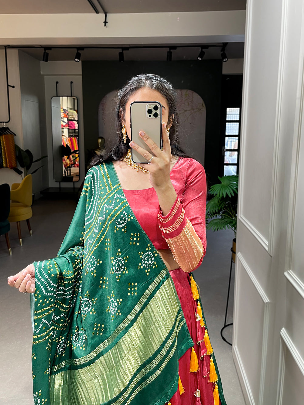 Red Patola Print With Foil Work Gaji Silk Lehenga Choli With Dupatta