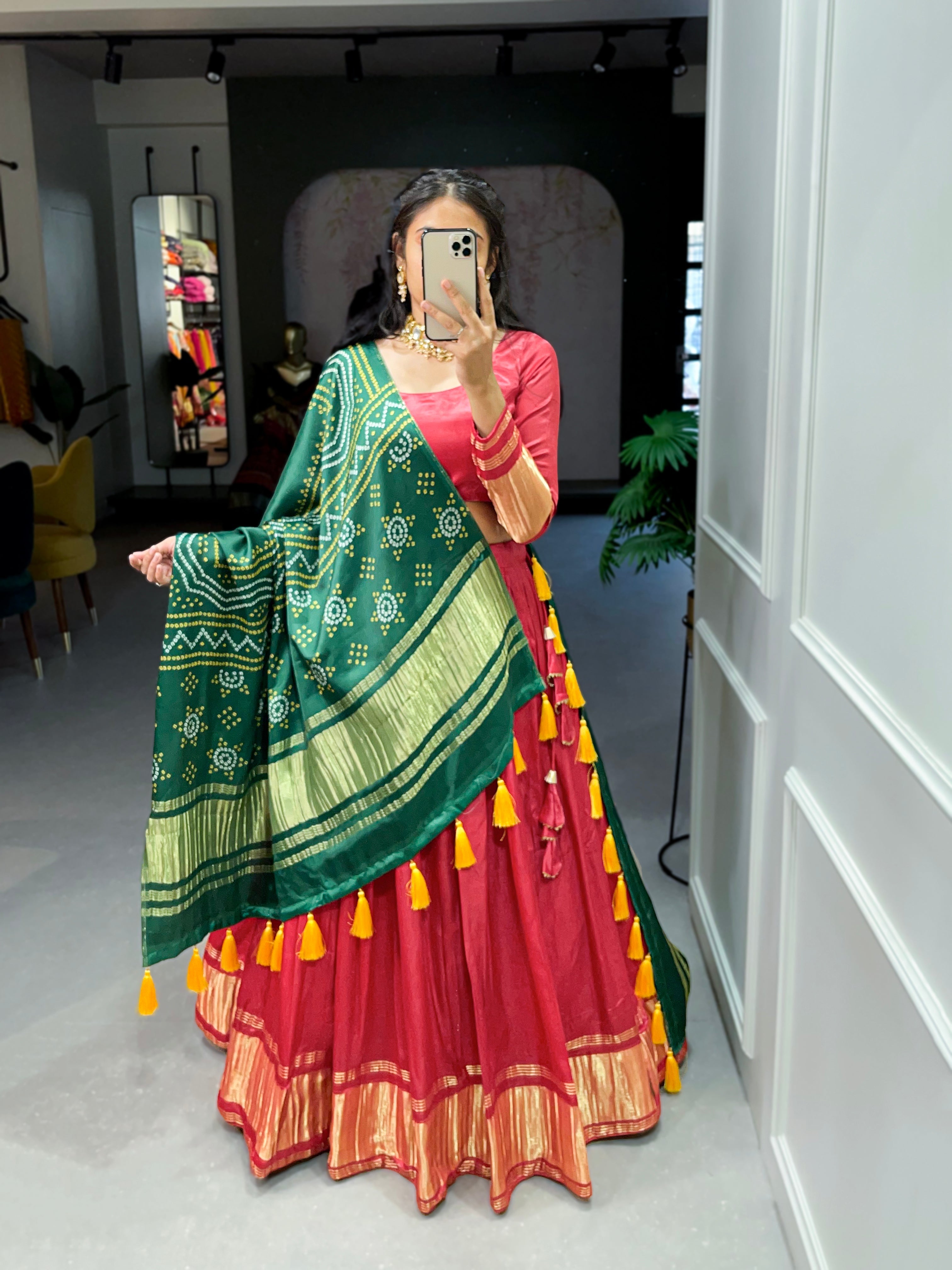 Red Patola Print With Foil Work Gaji Silk Lehenga Choli With Dupatta