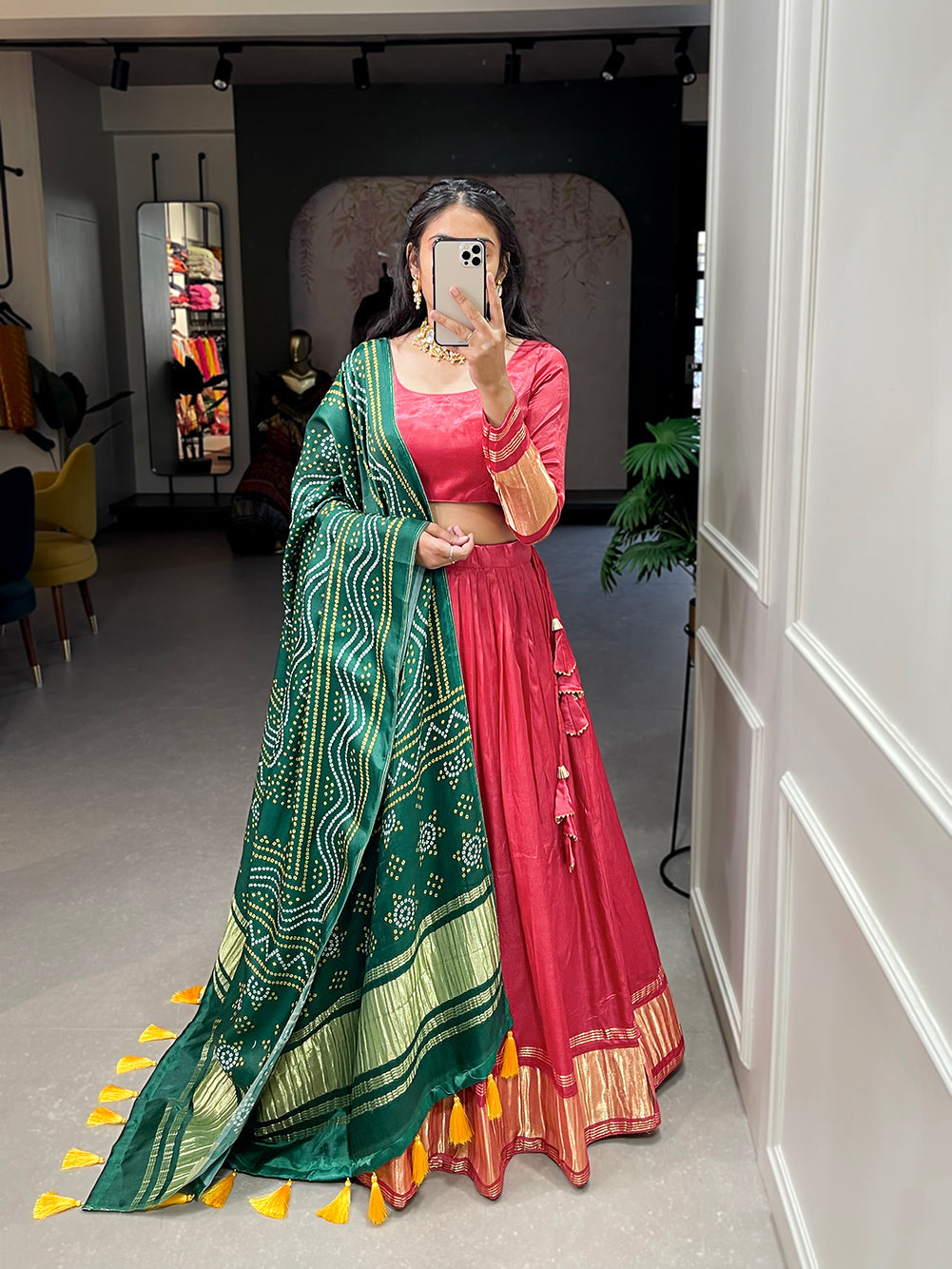 Red Patola Print With Foil Work Gaji Silk Lehenga Choli With Dupatta
